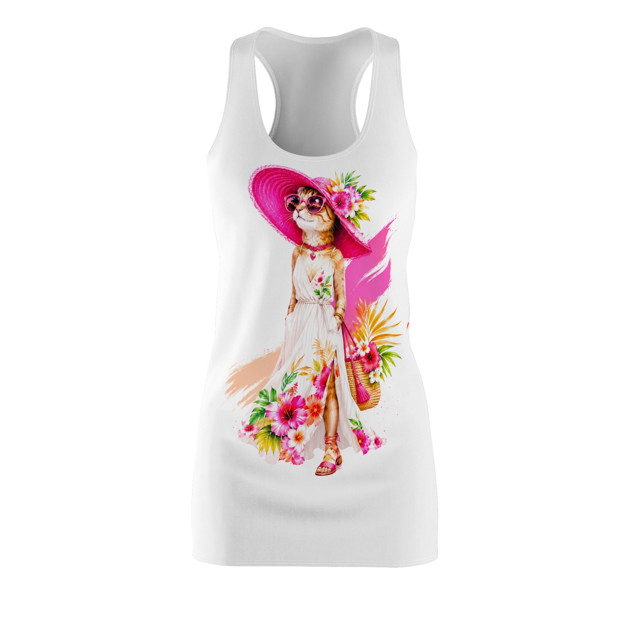 Floral Cat Racerback Dress for Women | Cute Summer Sundress | Boho Cat Print Casual Beach Dress | Gift for Cat Lovers