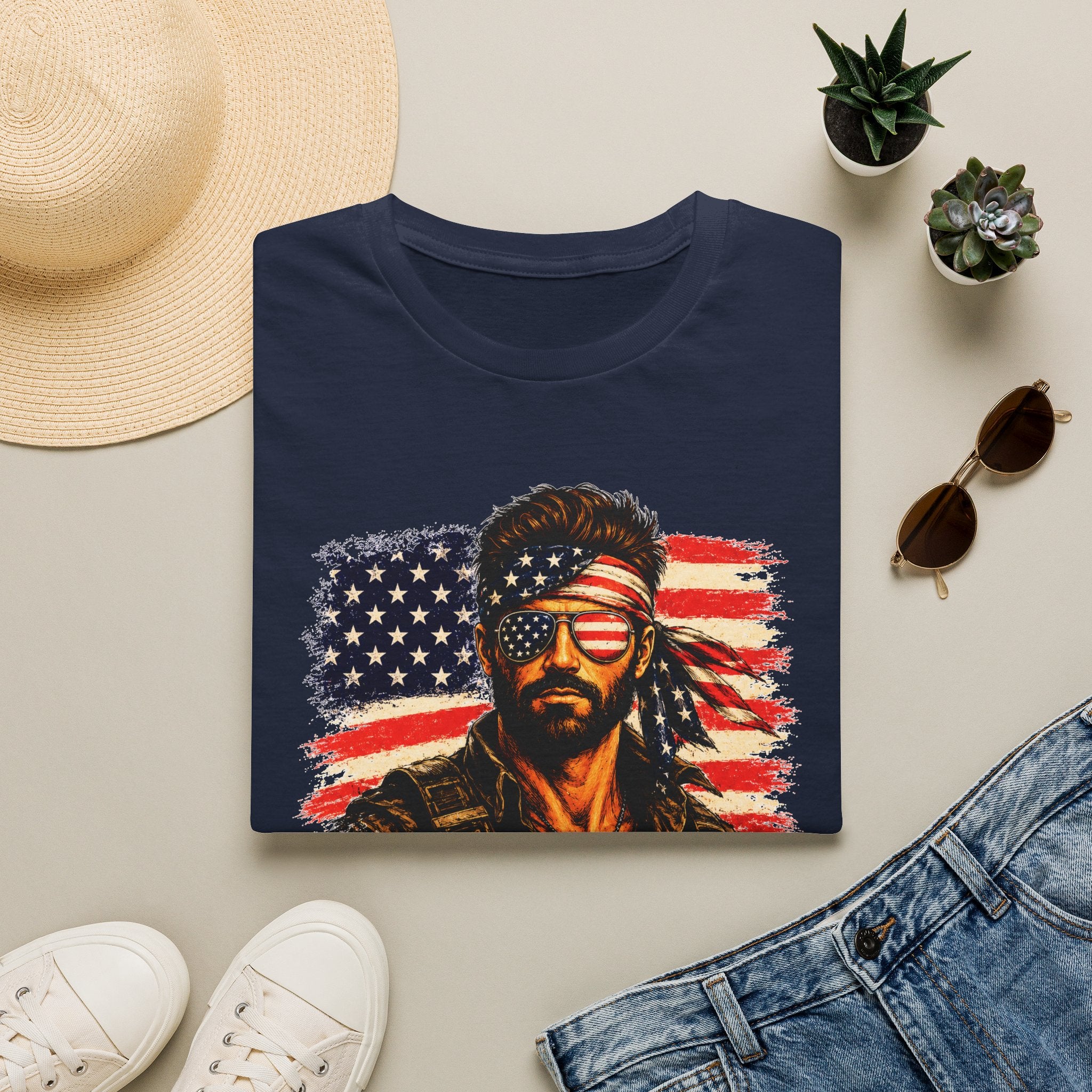 Patriotic Bandana Man T-Shirt — USA Flag Graphic Tee ("America")