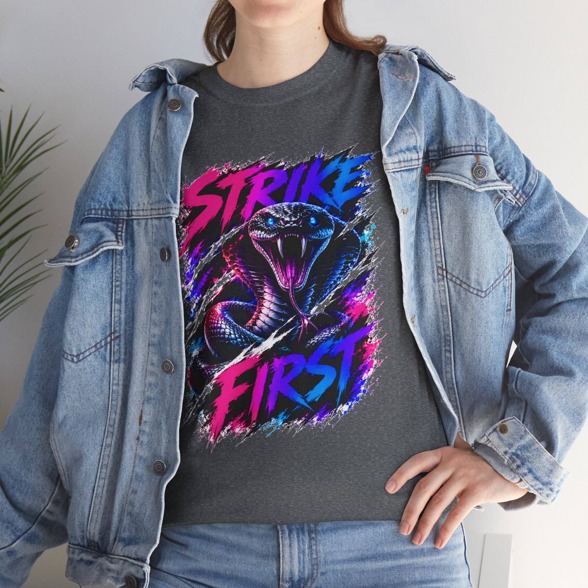 Strike First Cobra T-Shirt | Neon Snake Graphic Tee | Bold Streetwear Shirt | Unisex Graphic Tee