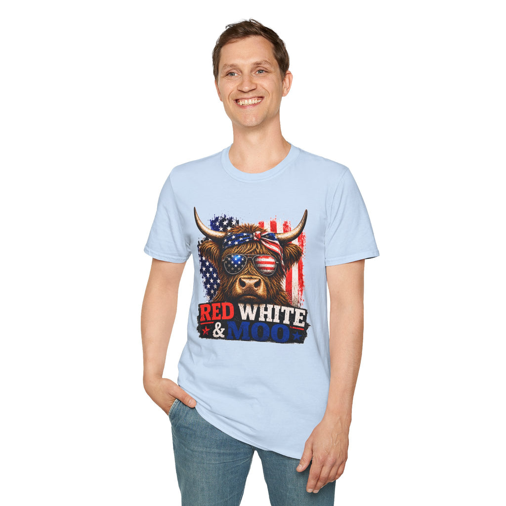 Patriotic Cow Graphic T-Shirt — "Red White & Moo" American Flag Tee