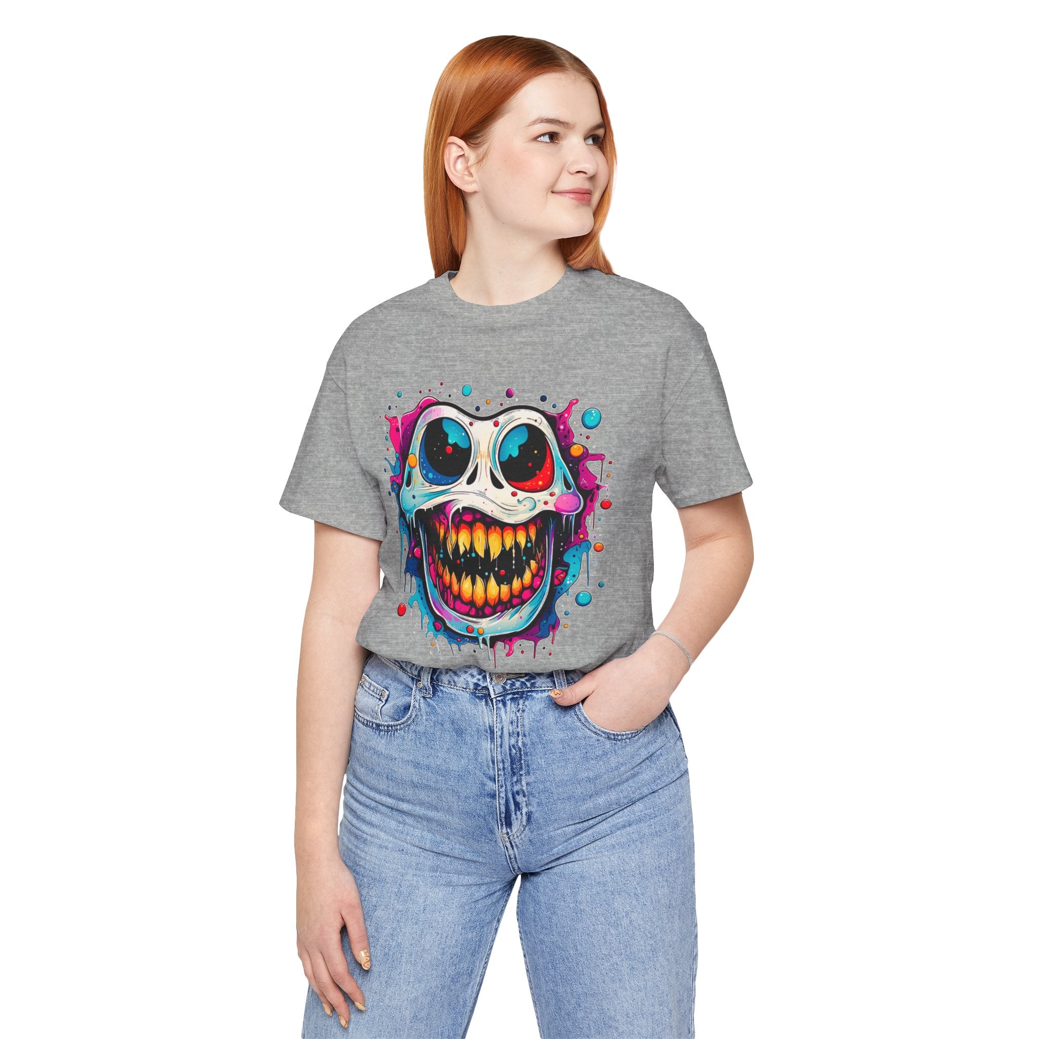 Unisex Skull Smile Tee -Vibrant Neon Drip Horror Graphic T Shirt