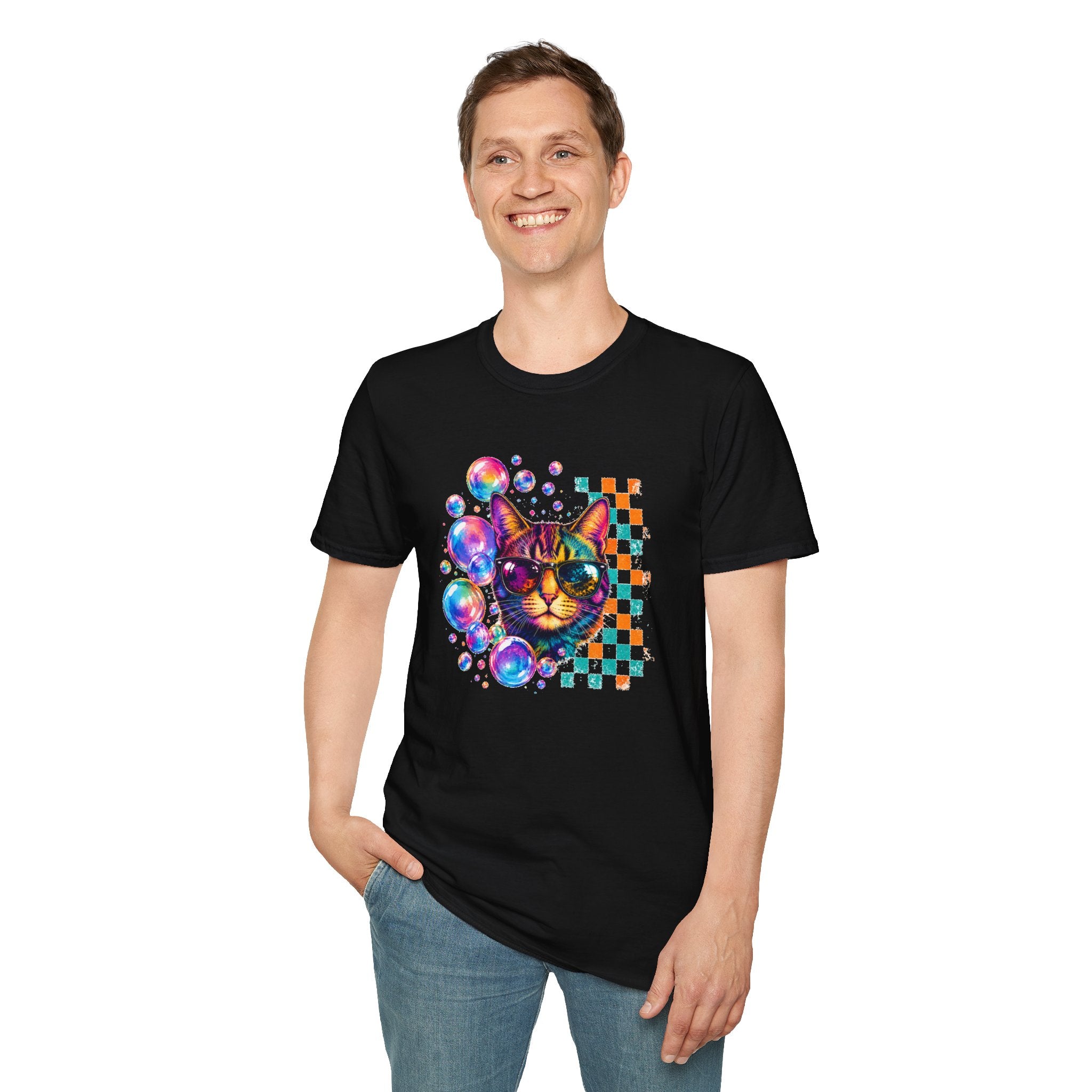 Colorful Cat Sunglasses T-Shirt, Retro Pop Art Cat Tee, Fun Graphic Shirt