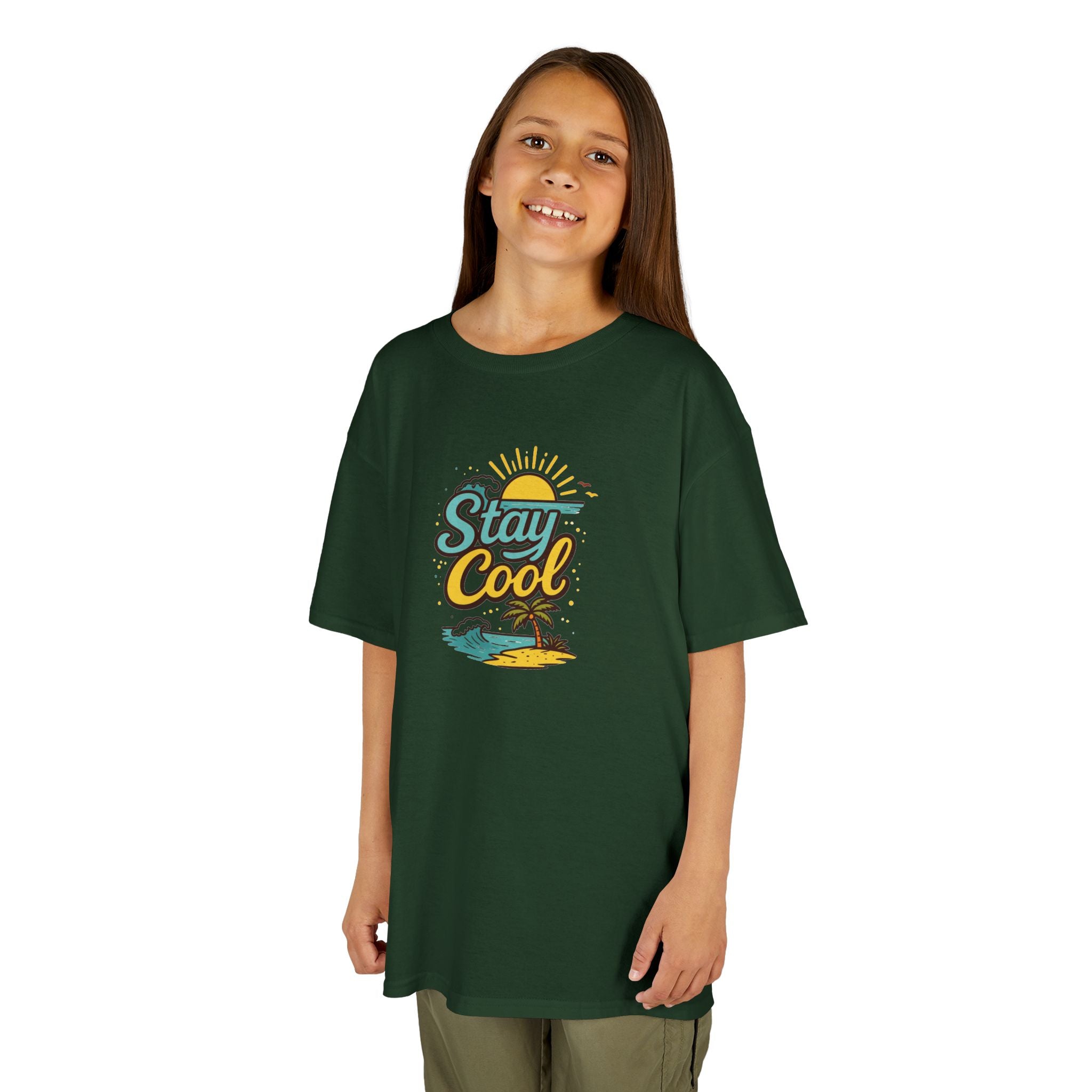 Kids "Stay Cool" Beach Graphic Tee — Tropical Sun & Palm Vacation Shirt