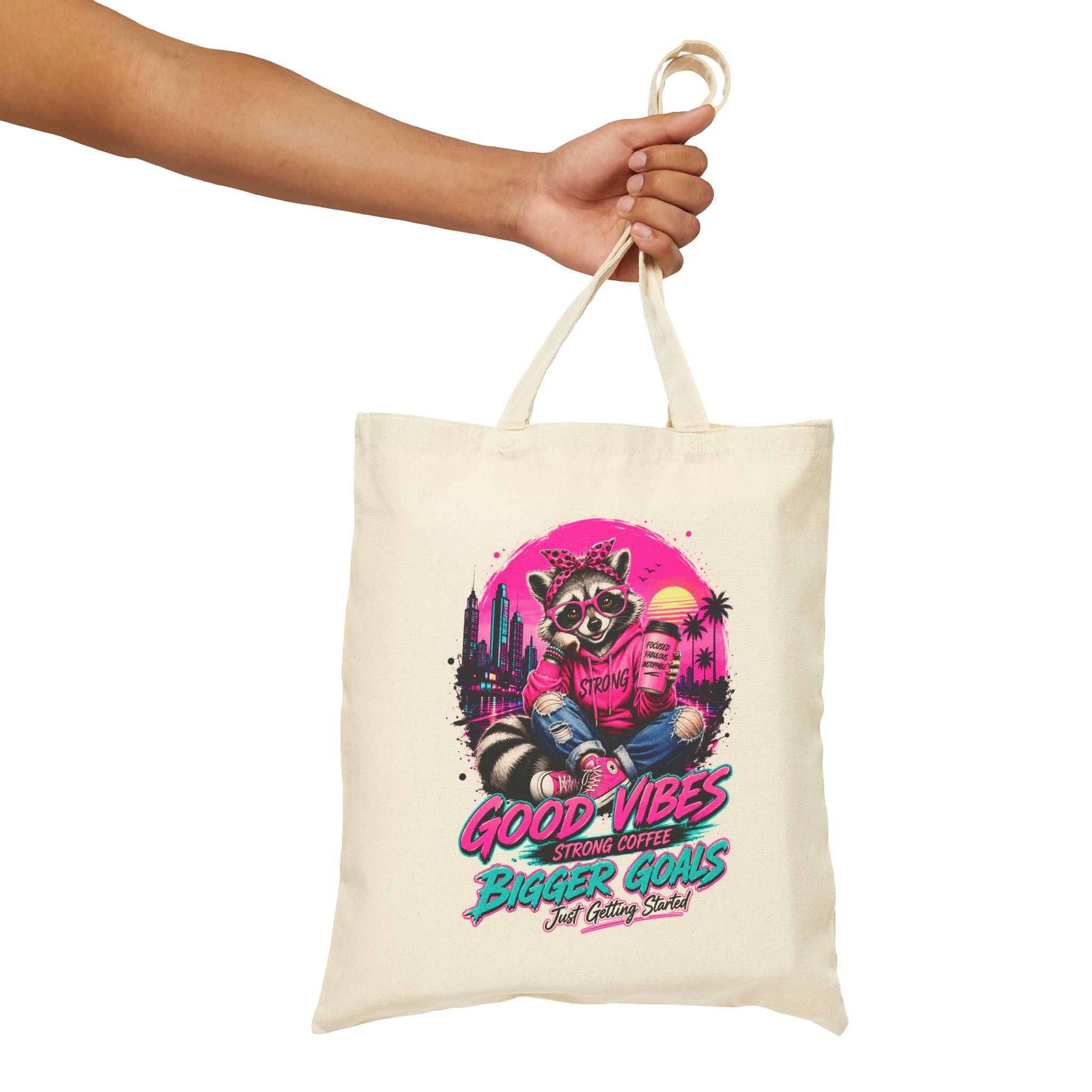 Cute Raccoon Tote Bag, Coffee Lover Gift, Good Vibes Bigger Goals Bag, Funny Reusable Grocery Tote, Aesthetic Canvas Style Shoulder Bag
