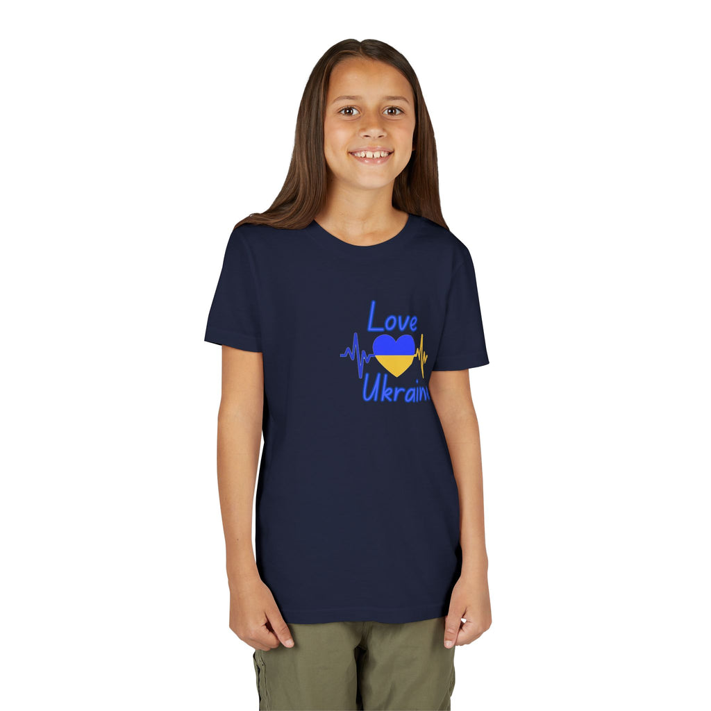 Love Ukraine Youth Tee — Blue & Yellow Heart Kids Shirt (Support Ukraine)