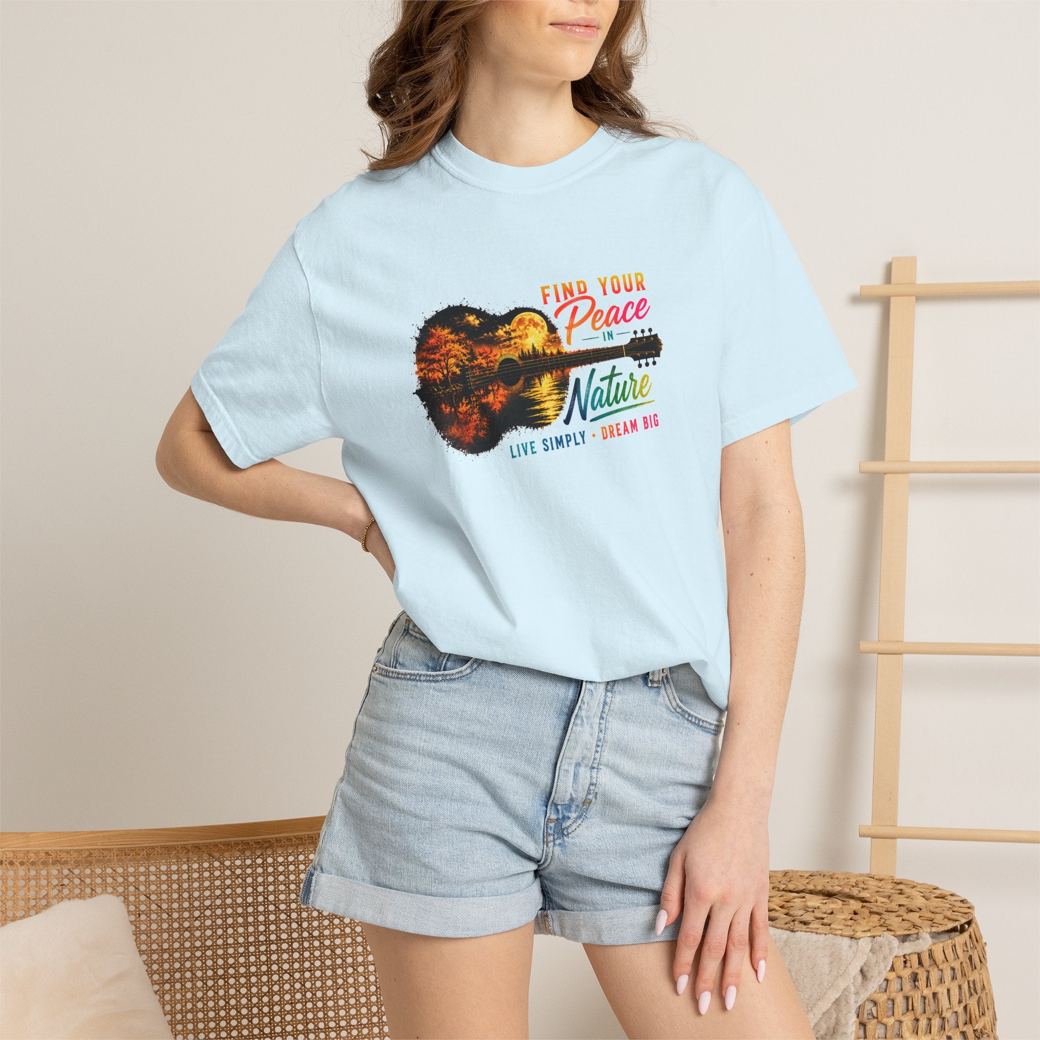 Acoustic Guitar Nature T-Shirt, Find Your Peace in Nature Tee, Music Lover Gift, Camping Shirt, Outdoor Graphic Tee, Hiking Shirt