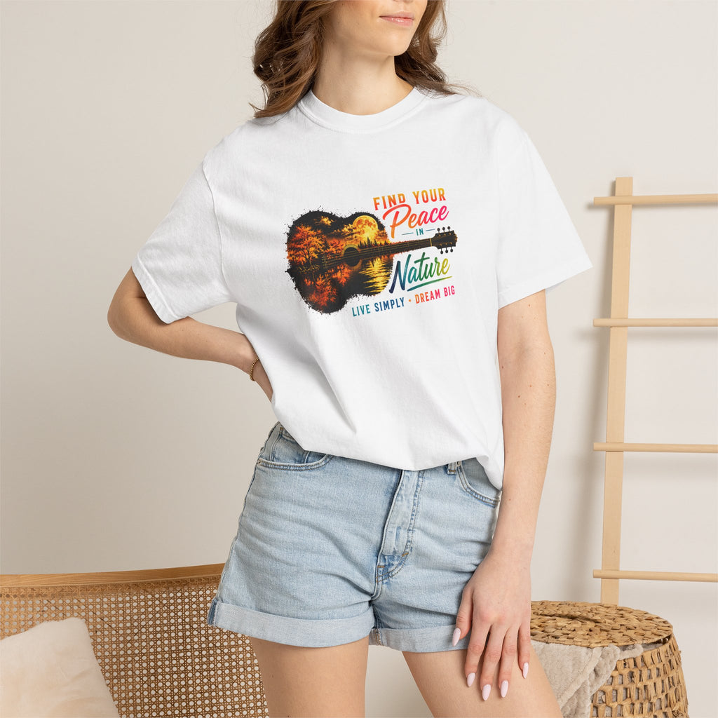 Acoustic Guitar Nature T-Shirt, Find Your Peace in Nature Tee, Music Lover Gift, Camping Shirt, Outdoor Graphic Tee, Hiking Shirt