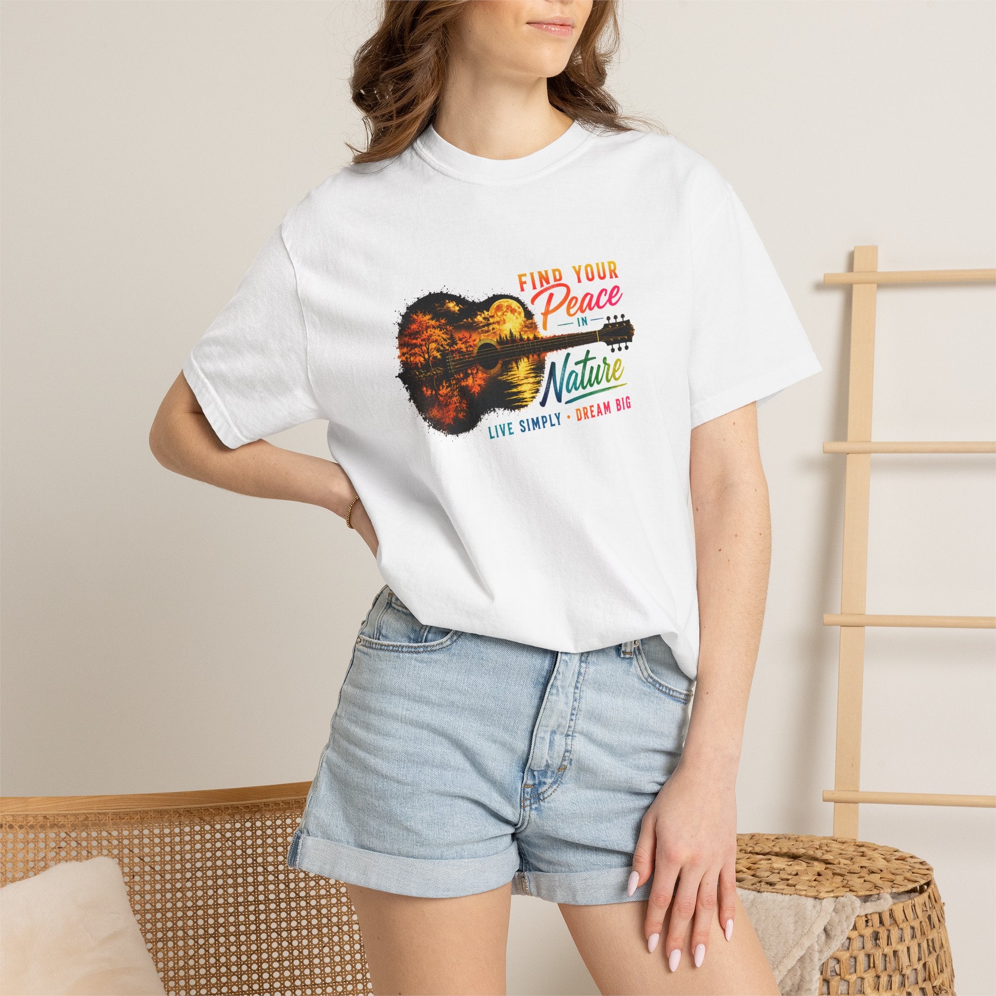 Acoustic Guitar Nature T-Shirt, Find Your Peace in Nature Tee, Music Lover Gift, Camping Shirt, Outdoor Graphic Tee, Hiking Shirt