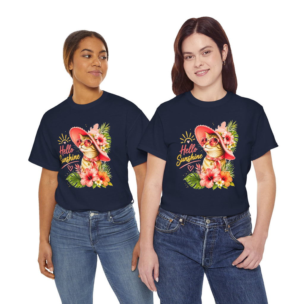 Hello Sunshine Cat Shirt | Cute Floral Cat T-Shirt | Tropical Summer Kitty Tee | Cat Lover Gift | Cute Women's Graphic Tee