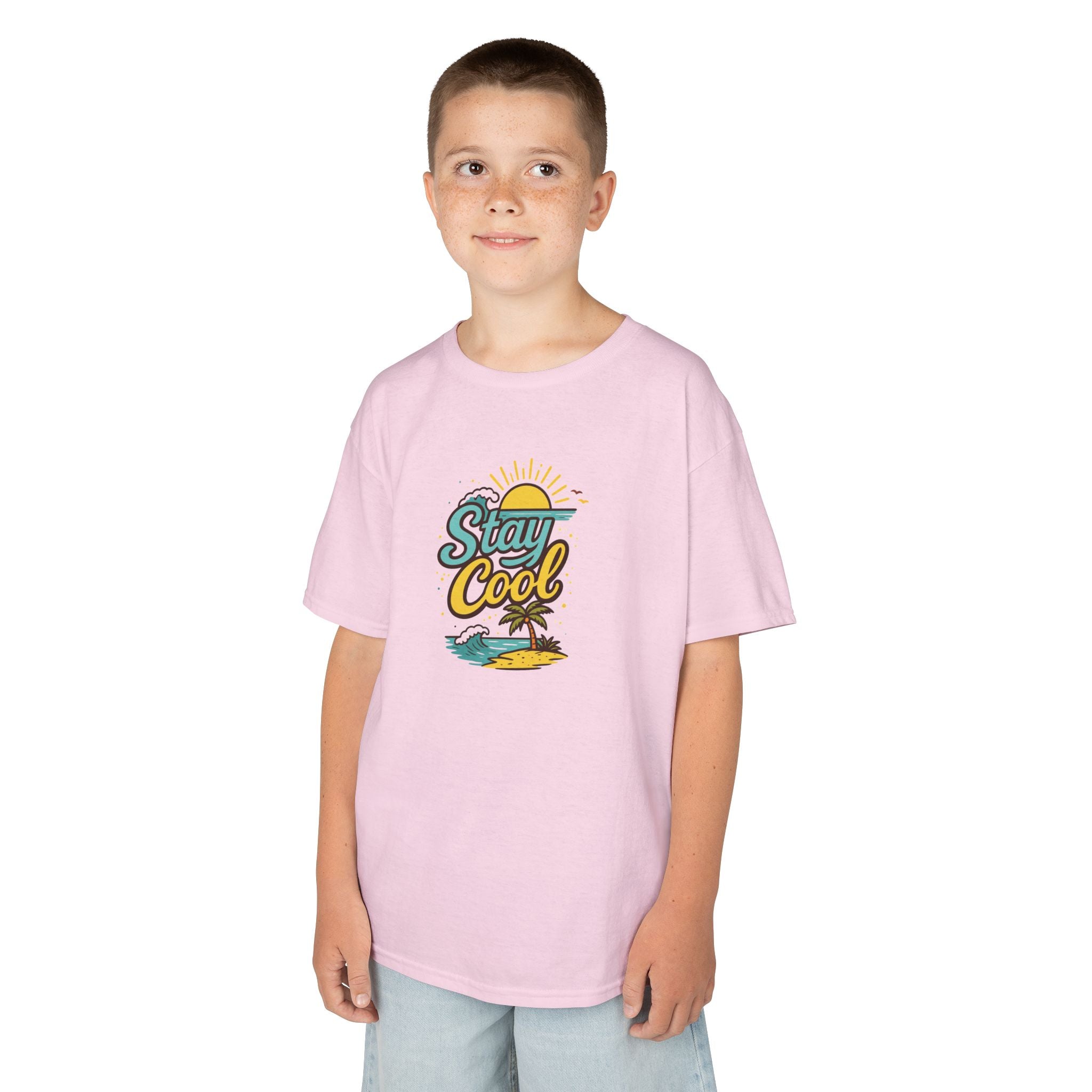 Kids "Stay Cool" Beach Graphic Tee — Tropical Sun & Palm Vacation Shirt