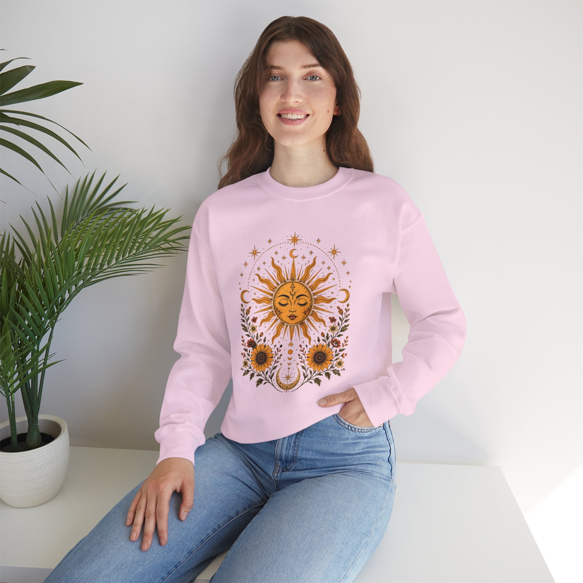 Sun & Sunflower Crewneck Sweatshirt, Boho Celestial Sweatshirt, Vintage Sun Graphic, Cozy Unisex Pullover, Gift for Her