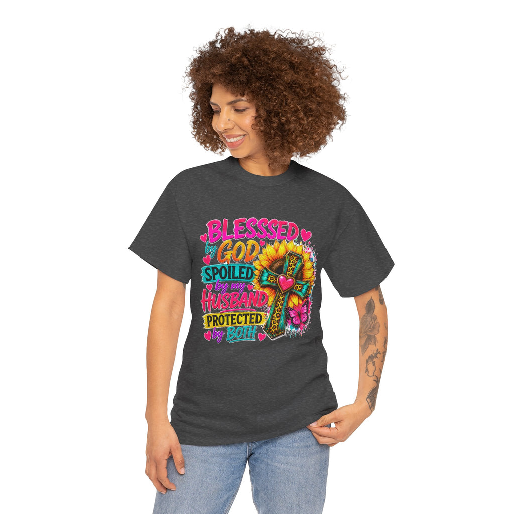 Blessed by God Spoiled by My Husband Tee — Christian Cross Floral Women's Shirt