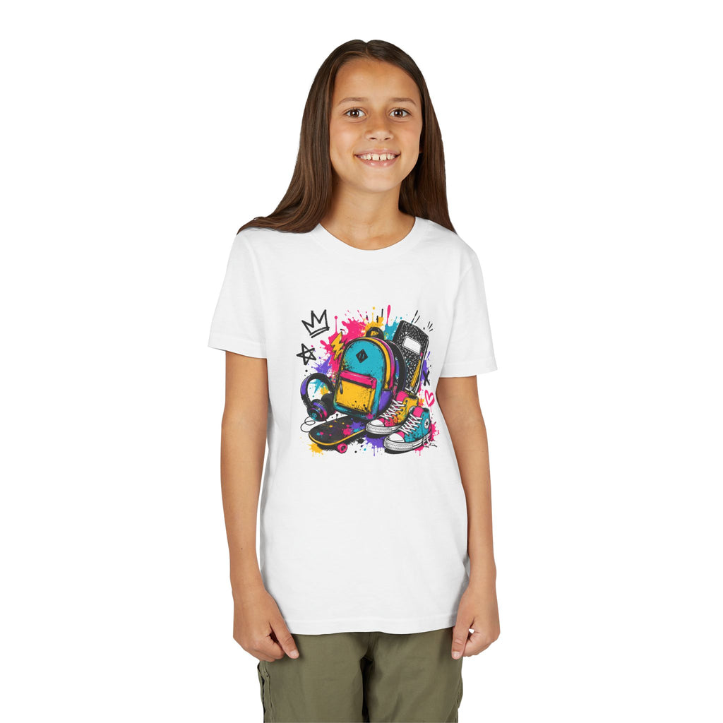 Youth Tee — Colorful Back-to-School Backpack Skateboard Graphic