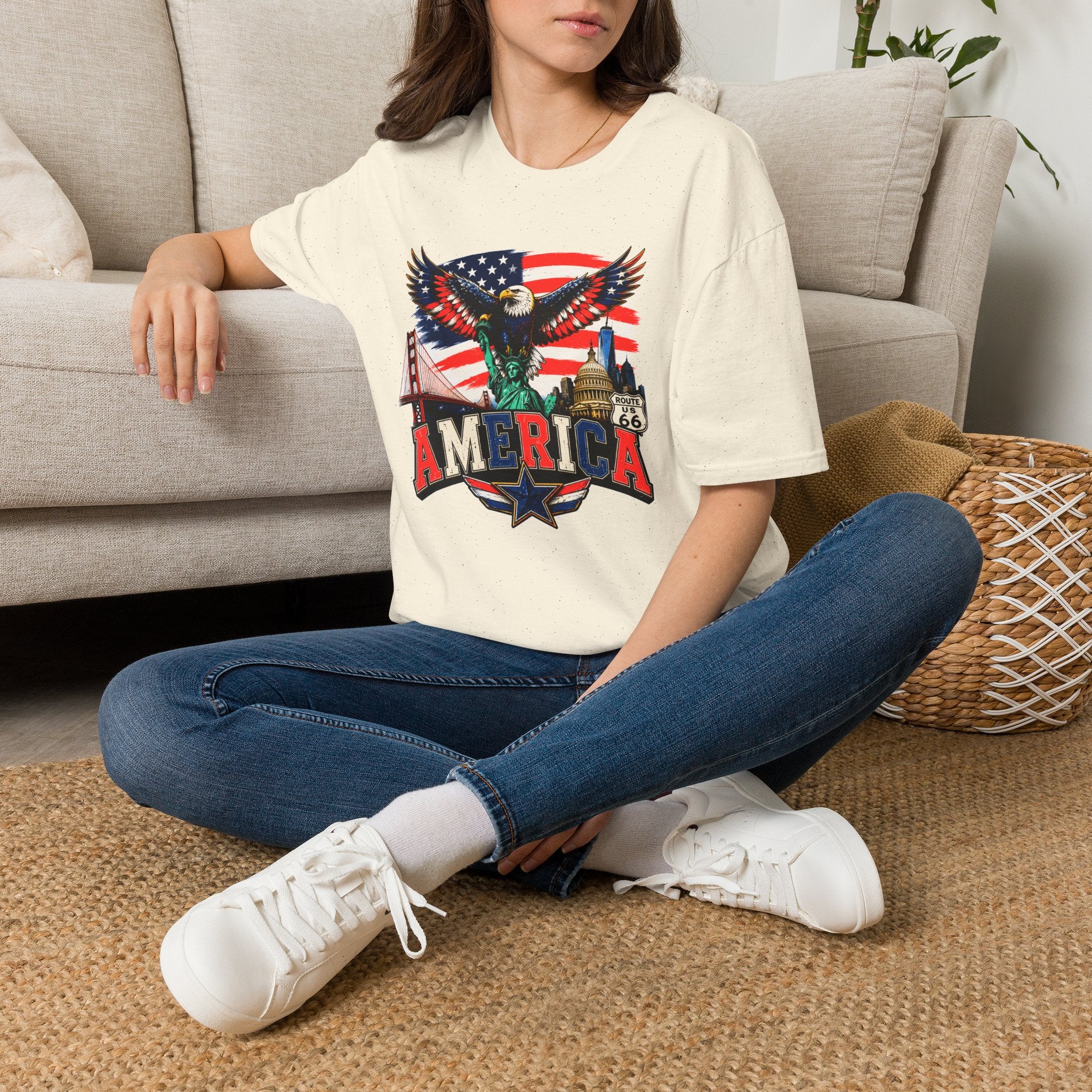 America Eagle Graphic T-Shirt — Patriotic USA Flag & Landmarks Tee (Statue of Liberty, Golden Gate, Capitol, Route 66)