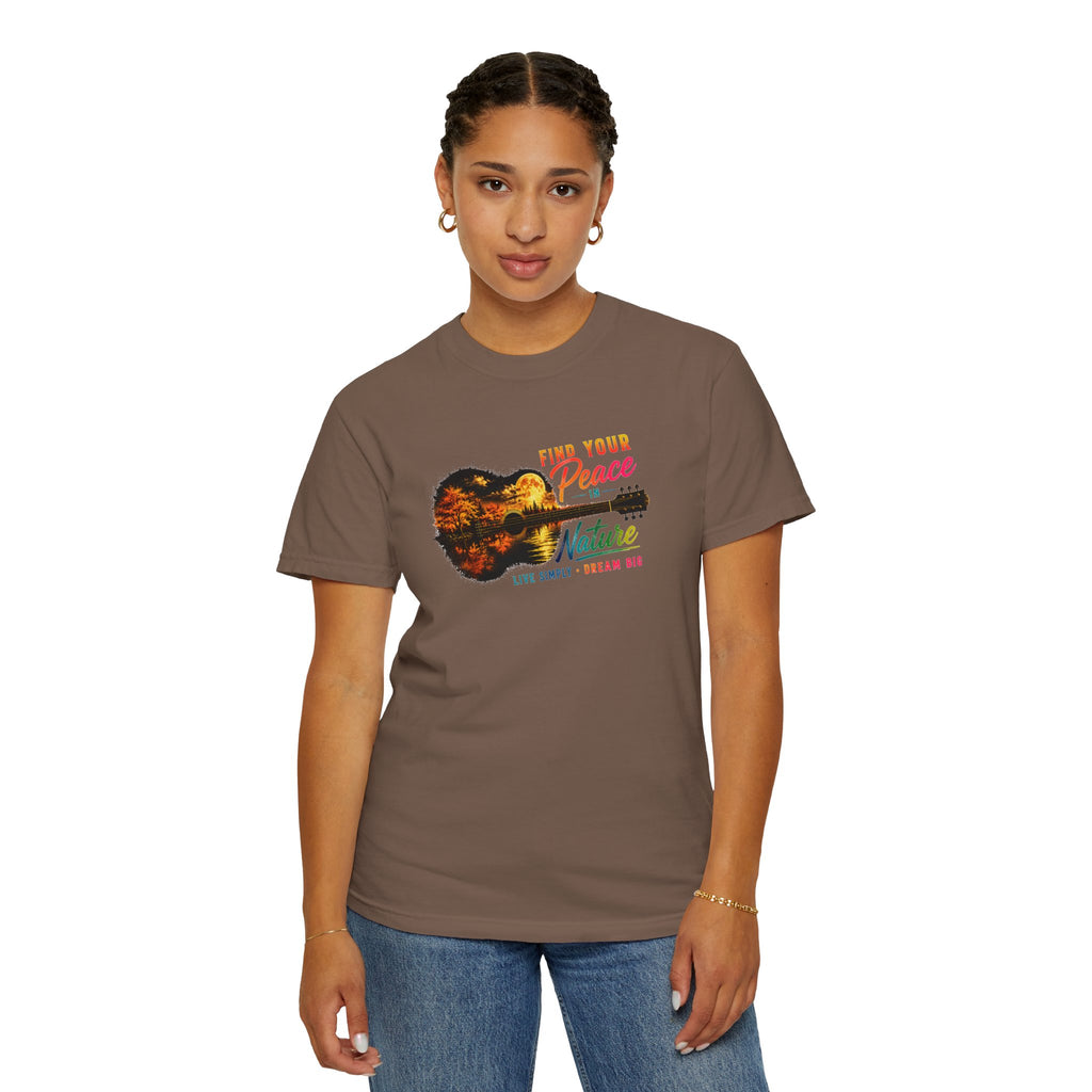 Acoustic Guitar Nature T-Shirt, Find Your Peace in Nature Tee, Music Lover Gift, Camping Shirt, Outdoor Graphic Tee, Hiking Shirt