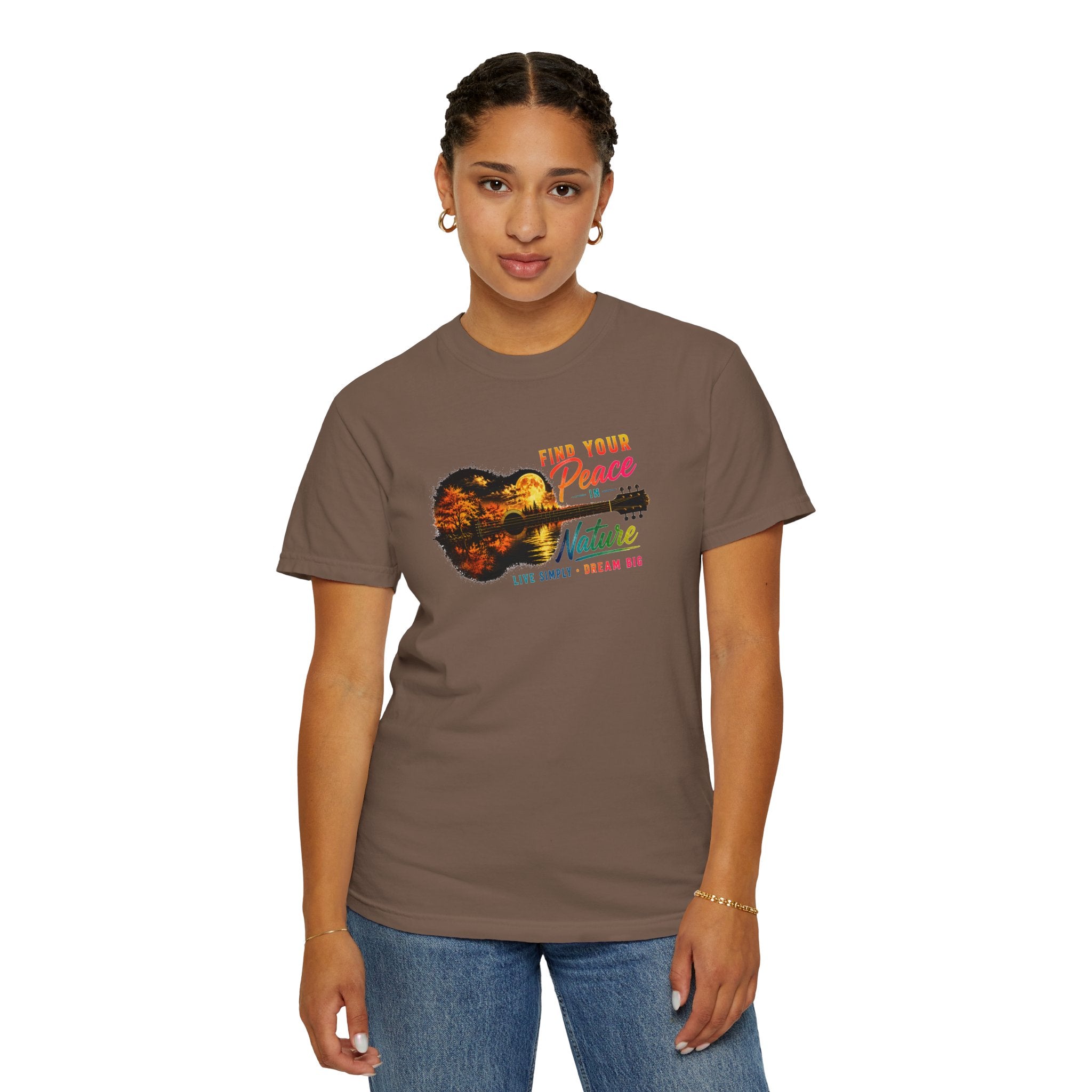 Acoustic Guitar Nature T-Shirt, Find Your Peace in Nature Tee, Music Lover Gift, Camping Shirt, Outdoor Graphic Tee, Hiking Shirt