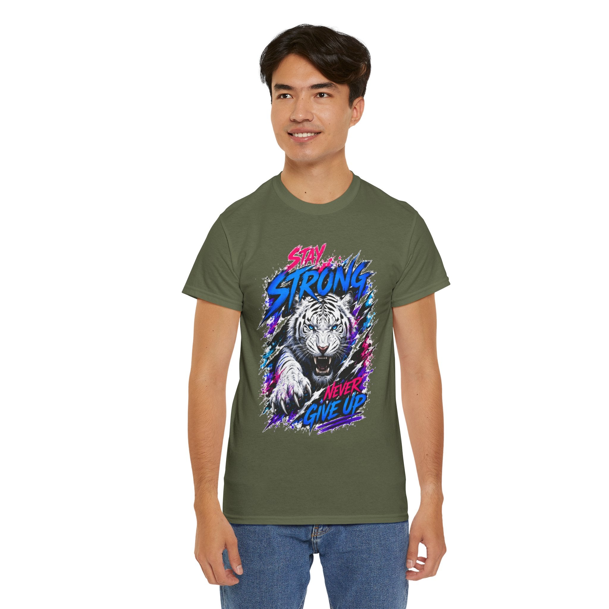 Stay Strong Never Give Up Tiger T-Shirt | White Tiger Graphic Tee | Motivational Unisex Shirt | Inspirational Animal Tee | Gift for Tiger Lovers