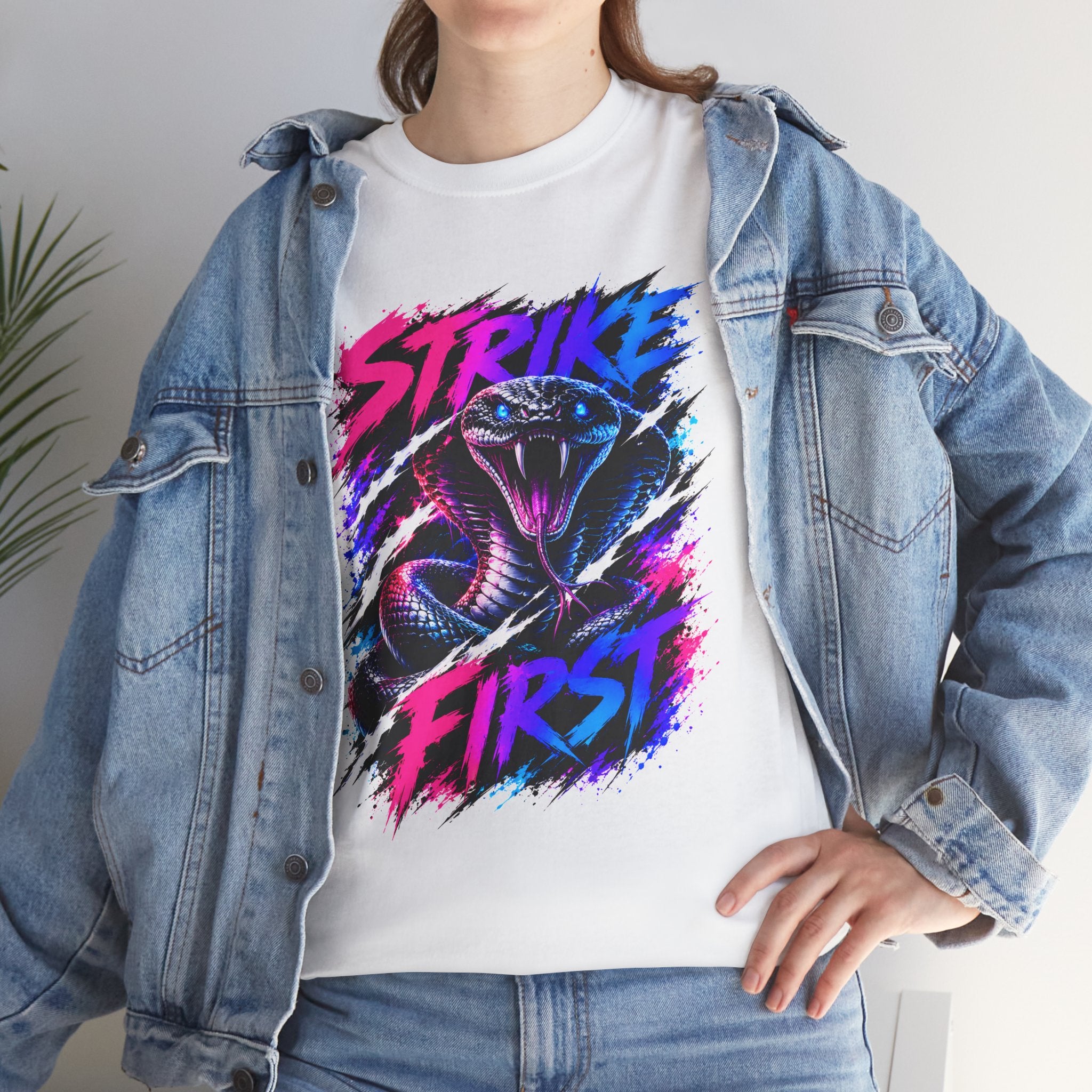 Strike First Cobra T-Shirt | Neon Snake Graphic Tee | Bold Streetwear Shirt | Unisex Graphic Tee