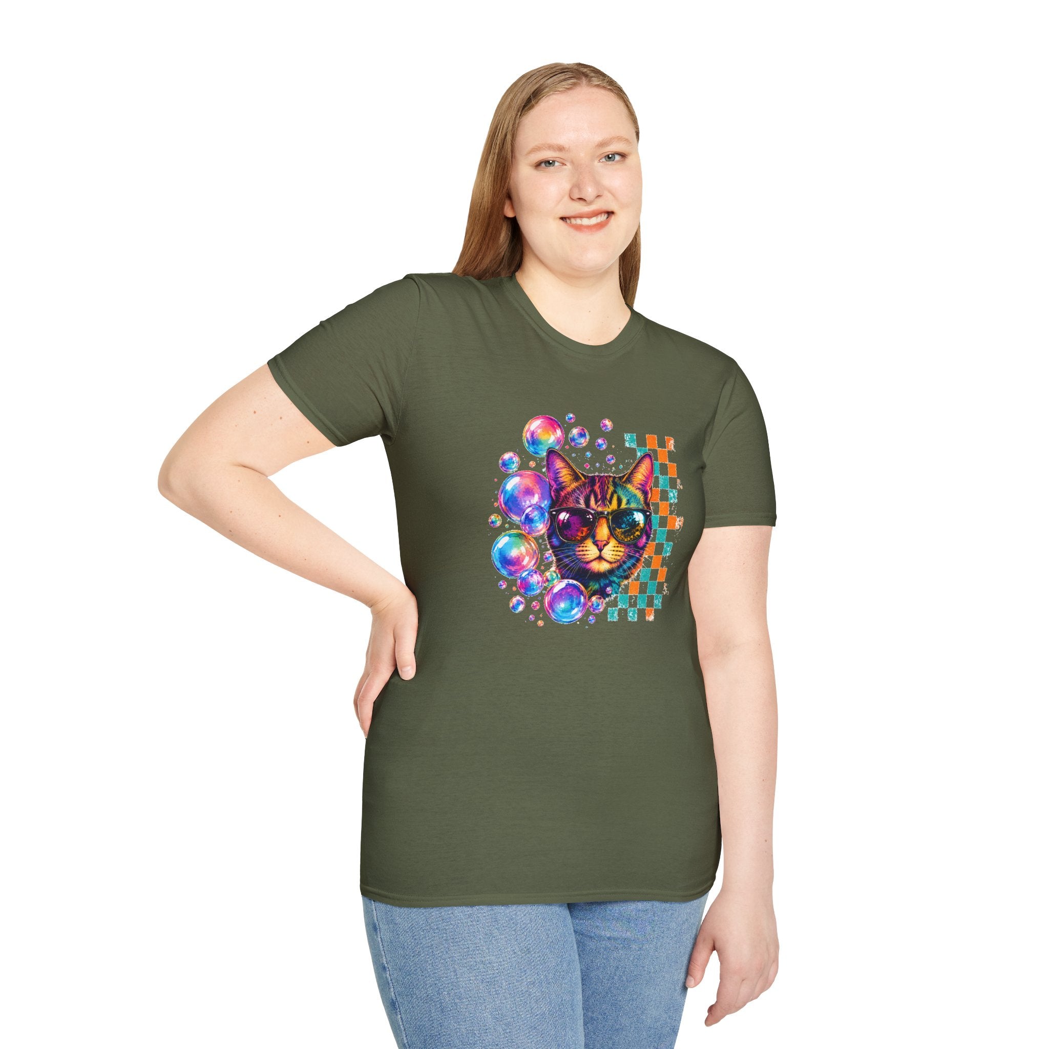 Colorful Cat Sunglasses T-Shirt, Retro Pop Art Cat Tee, Fun Graphic Shirt