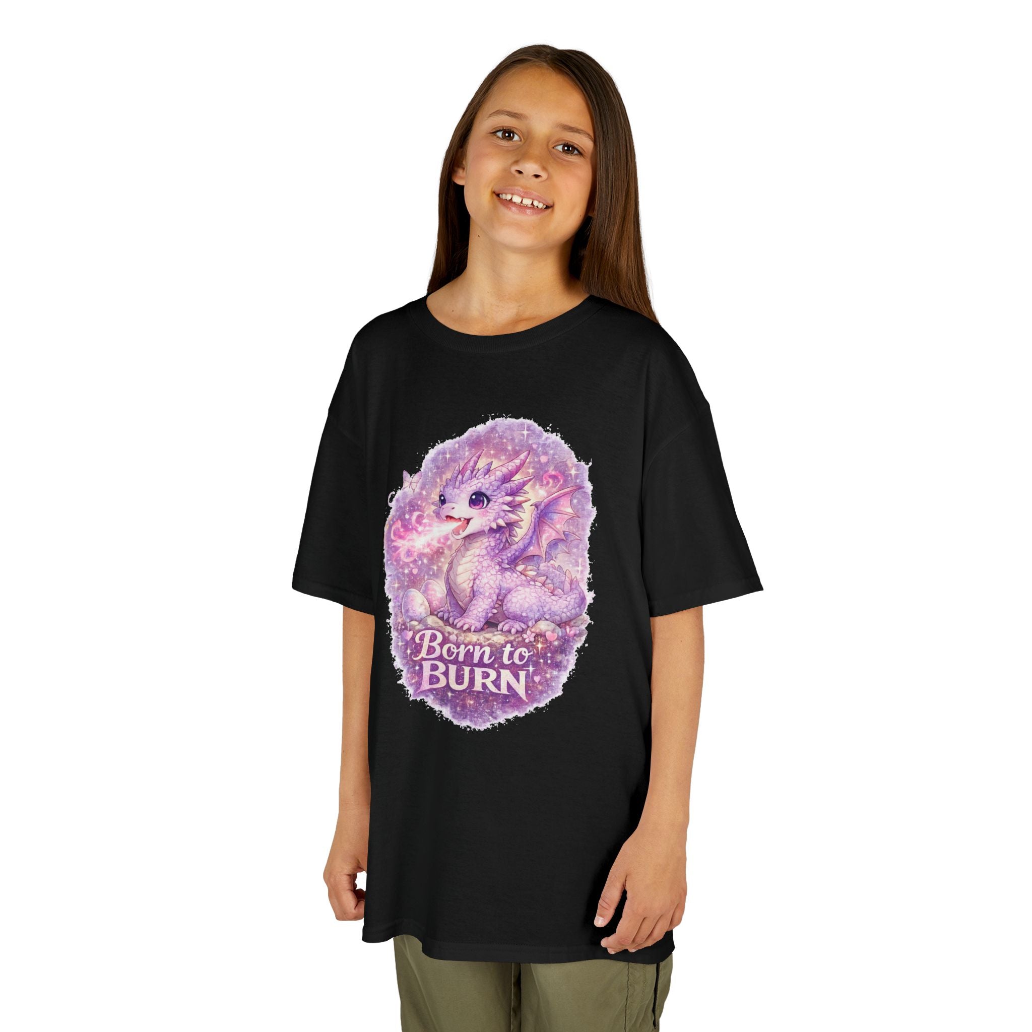 Cute Purple Dragon Kids T-Shirt, Fantasy Dragon Tee for Girls, Born to Burn Graphic Shirt, Magical Dragon Shirt, Kids Fantasy Clothing