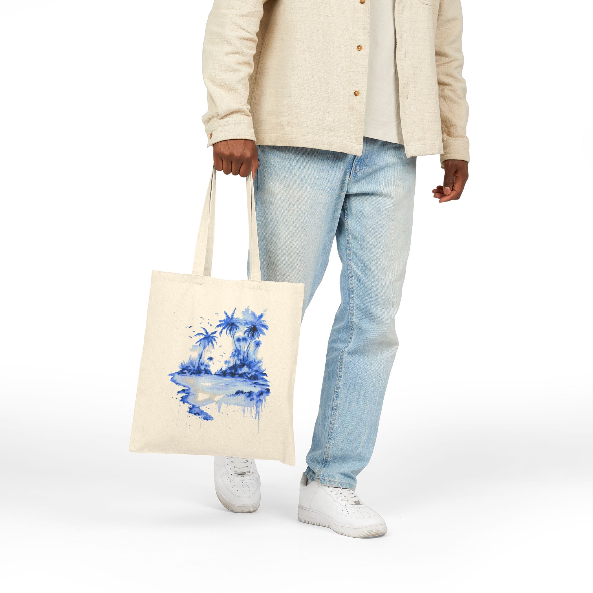 Blue Watercolor Tropical Island Tote Bag | Palm Trees Beach Canvas