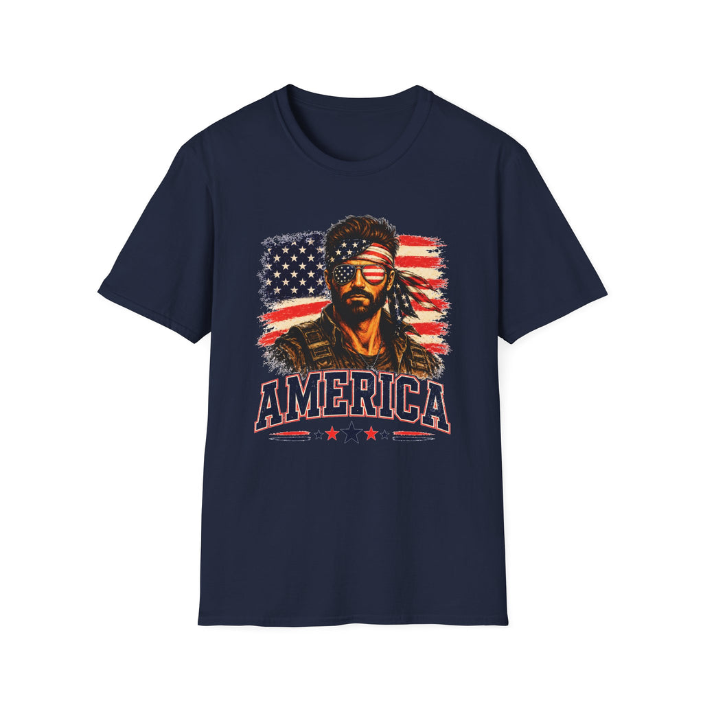 Patriotic Bandana Man T-Shirt — USA Flag Graphic Tee ("America")