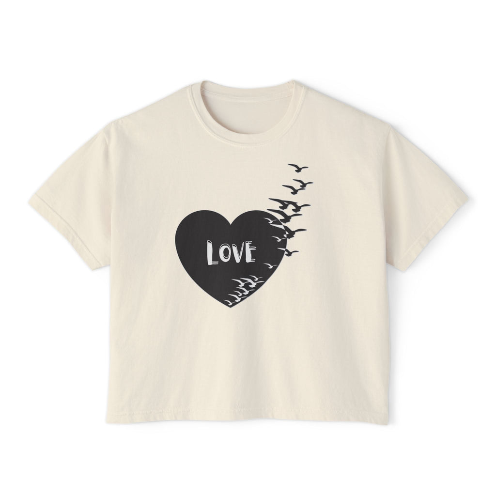Love Bird Heart Boxy Tee — Women's Casual Graphic Shirt
