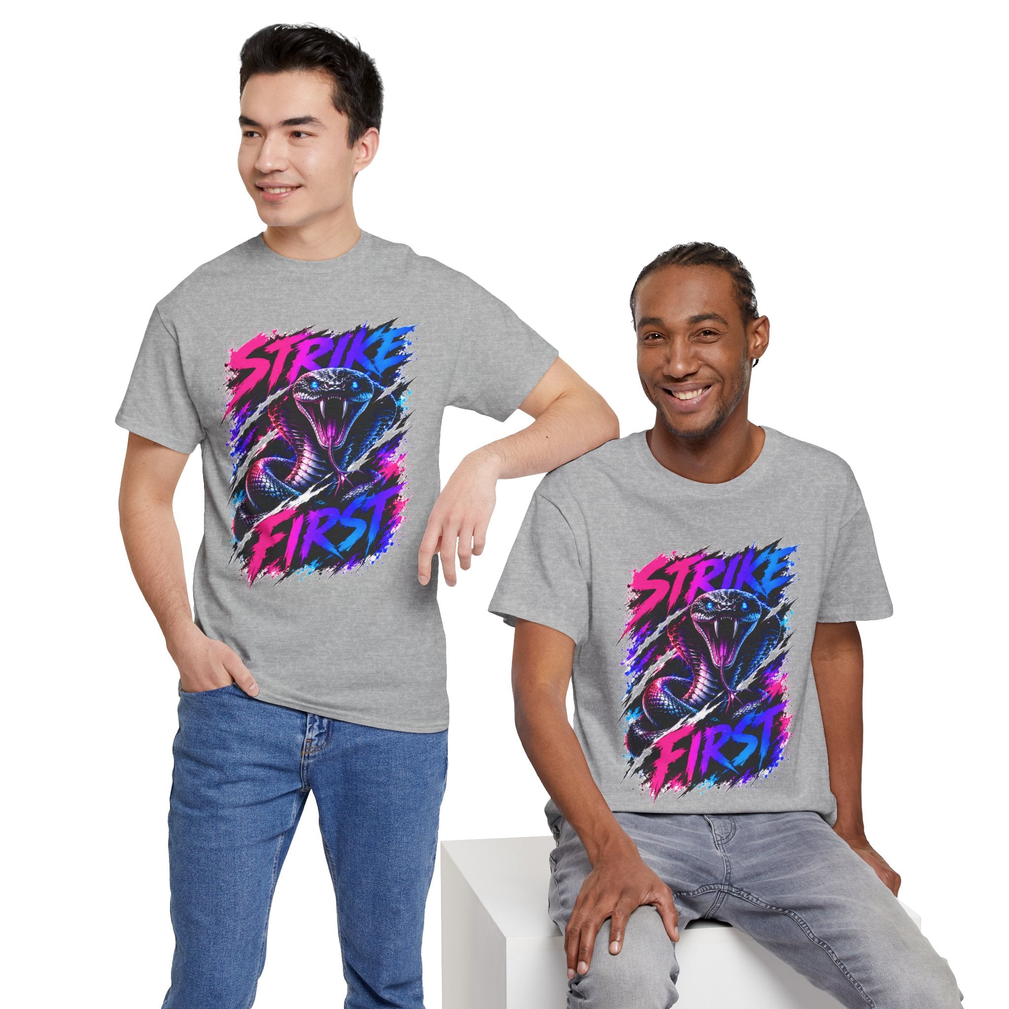 Strike First Cobra T-Shirt | Neon Snake Graphic Tee | Bold Streetwear Shirt | Unisex Graphic Tee