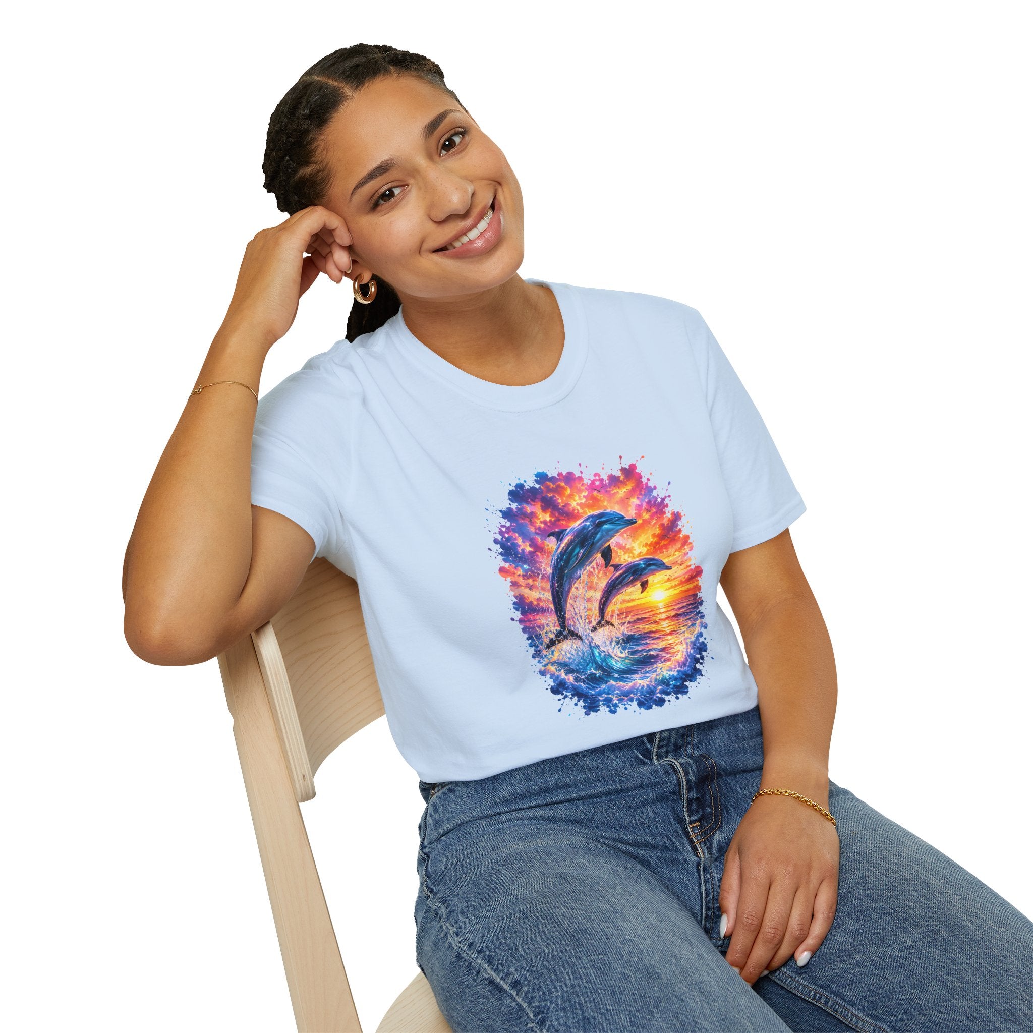 Dolphin Sunset TShirt  Vibrant Ocean Jump Graphic Tee