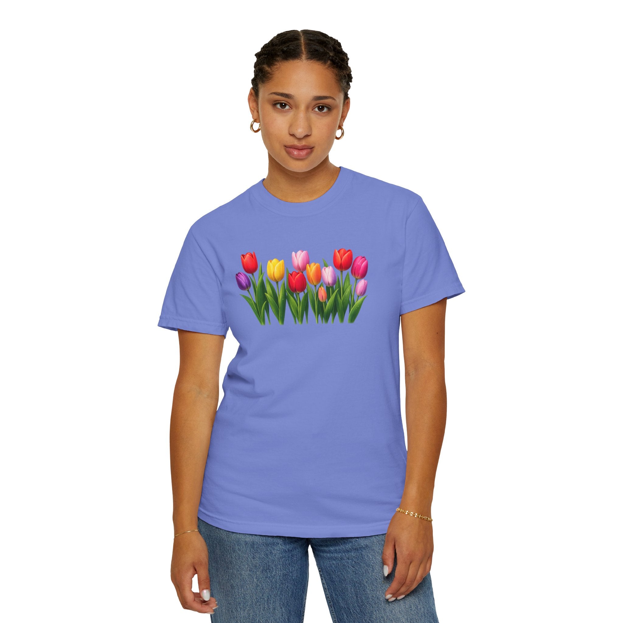 Colorful Tulip Shirt, Floral T-Shirt for Women, Botanical Graphic Tee, Spring Garden Shirt, Comfort Colors Tee