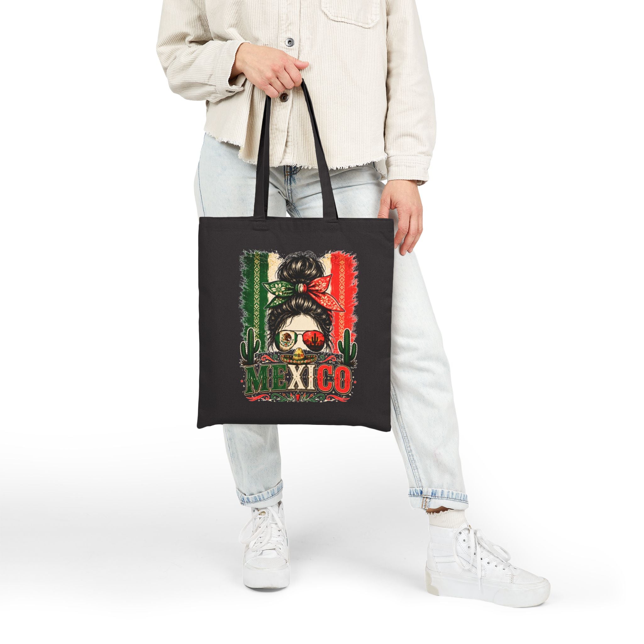 Mexico Messy Bun Tote Bag – Mexican Flag Sunglasses Canvas Tote