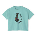 Black Cat Floral Graphic Tee, Cute Paw Print Boxy Shirt for Women
