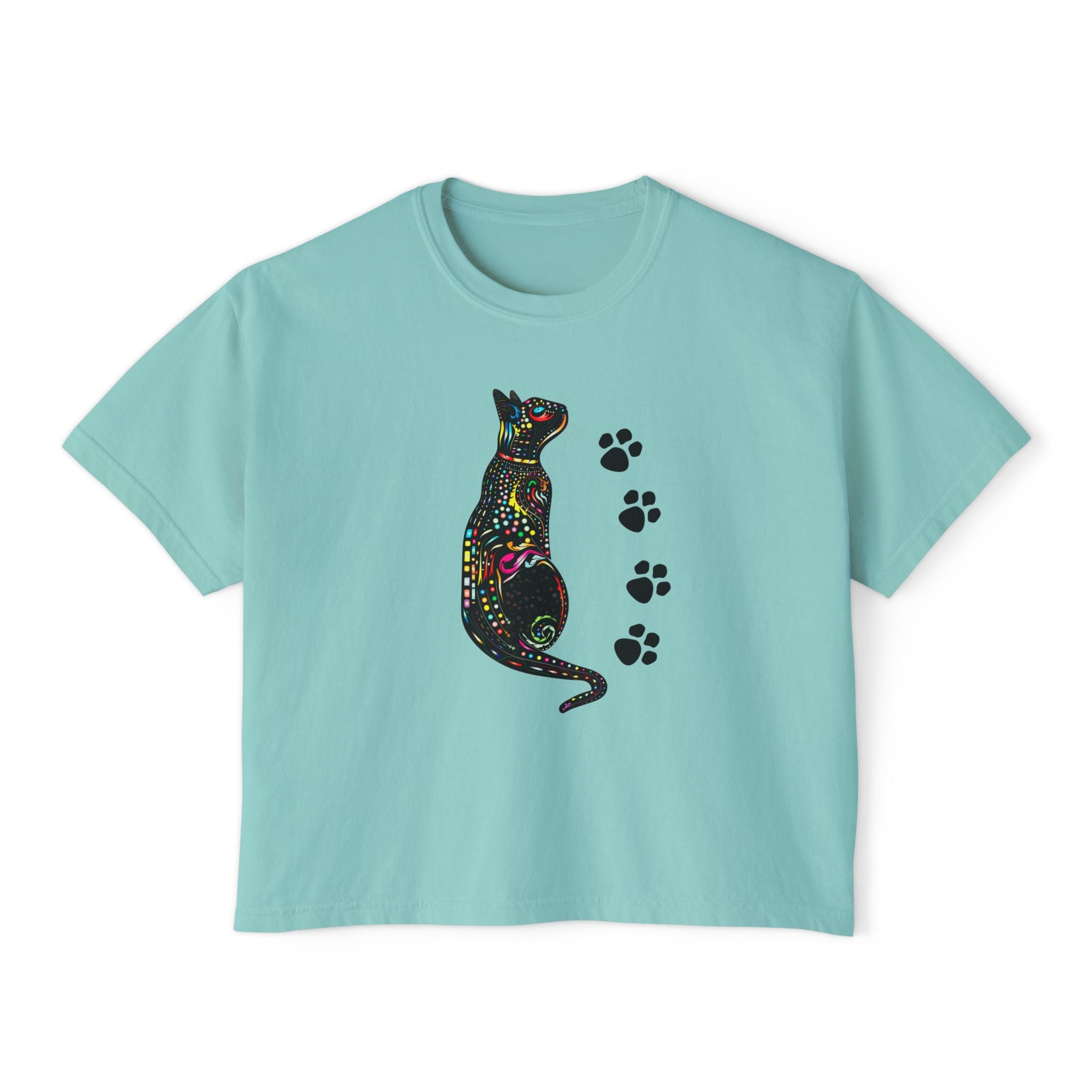 Black Cat Floral Graphic Tee, Cute Paw Print Boxy Shirt for Women