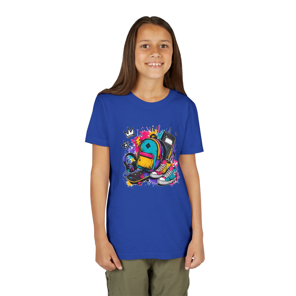 Youth Tee — Colorful Back-to-School Backpack Skateboard Graphic