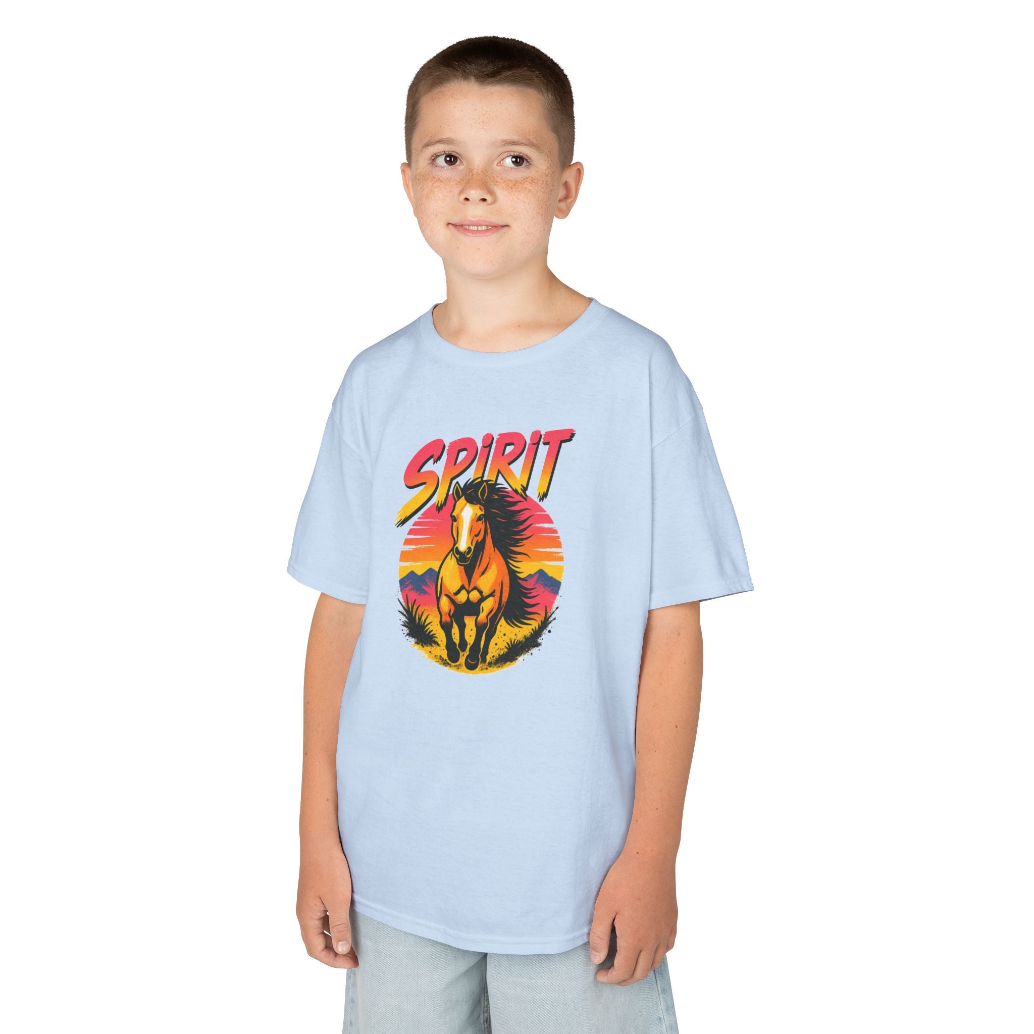 Spirit Horse Kids T‑Shirt — Retro Sunset Wild Horse Graphic Tee