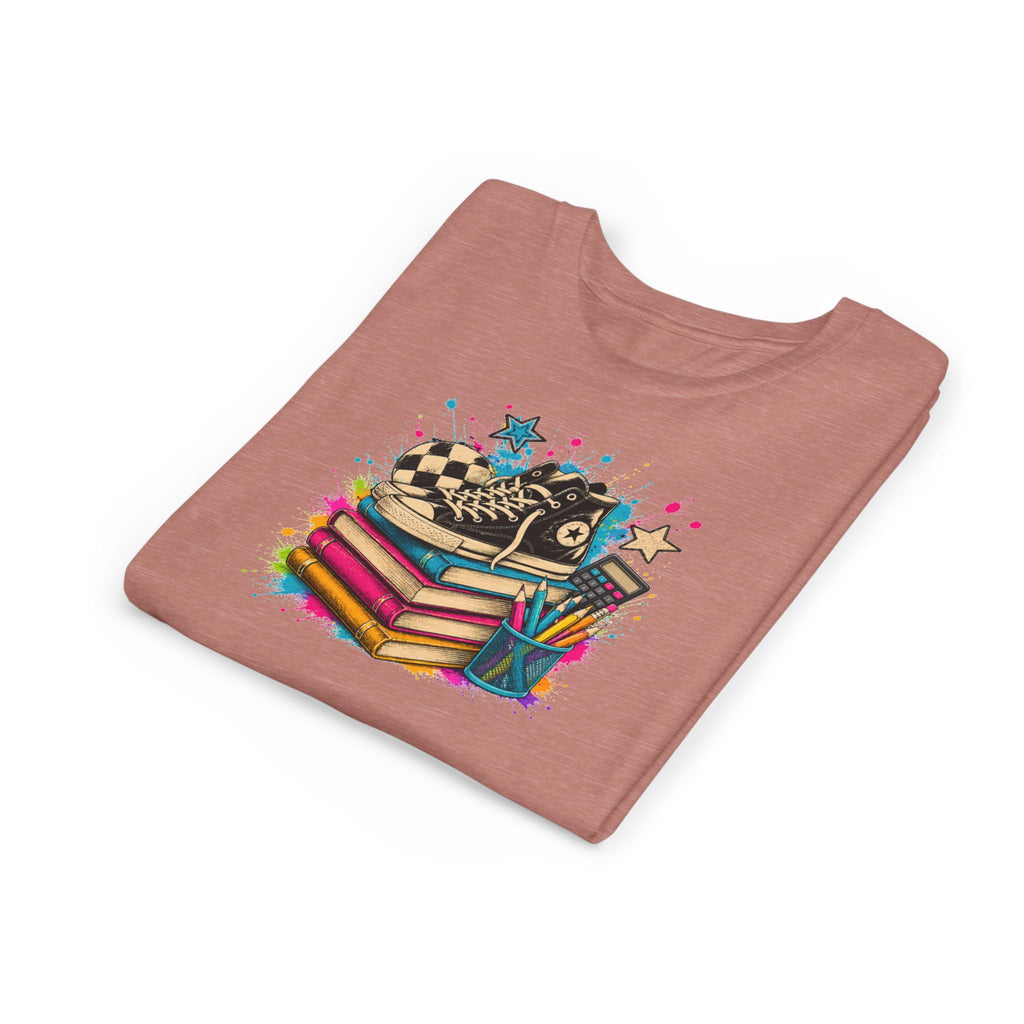 Kids Back-to-School Tee — Colorful Books, Sneakers & Pencils Graphic