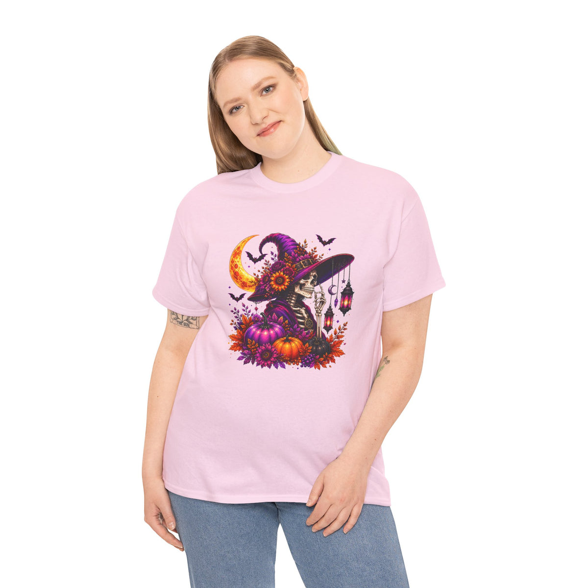 Halloween Witch Skeleton T-Shirt, Spooky Pumpkin Moon Tee, Gothic Fall Graphic Shirt, Halloween Gift for Her