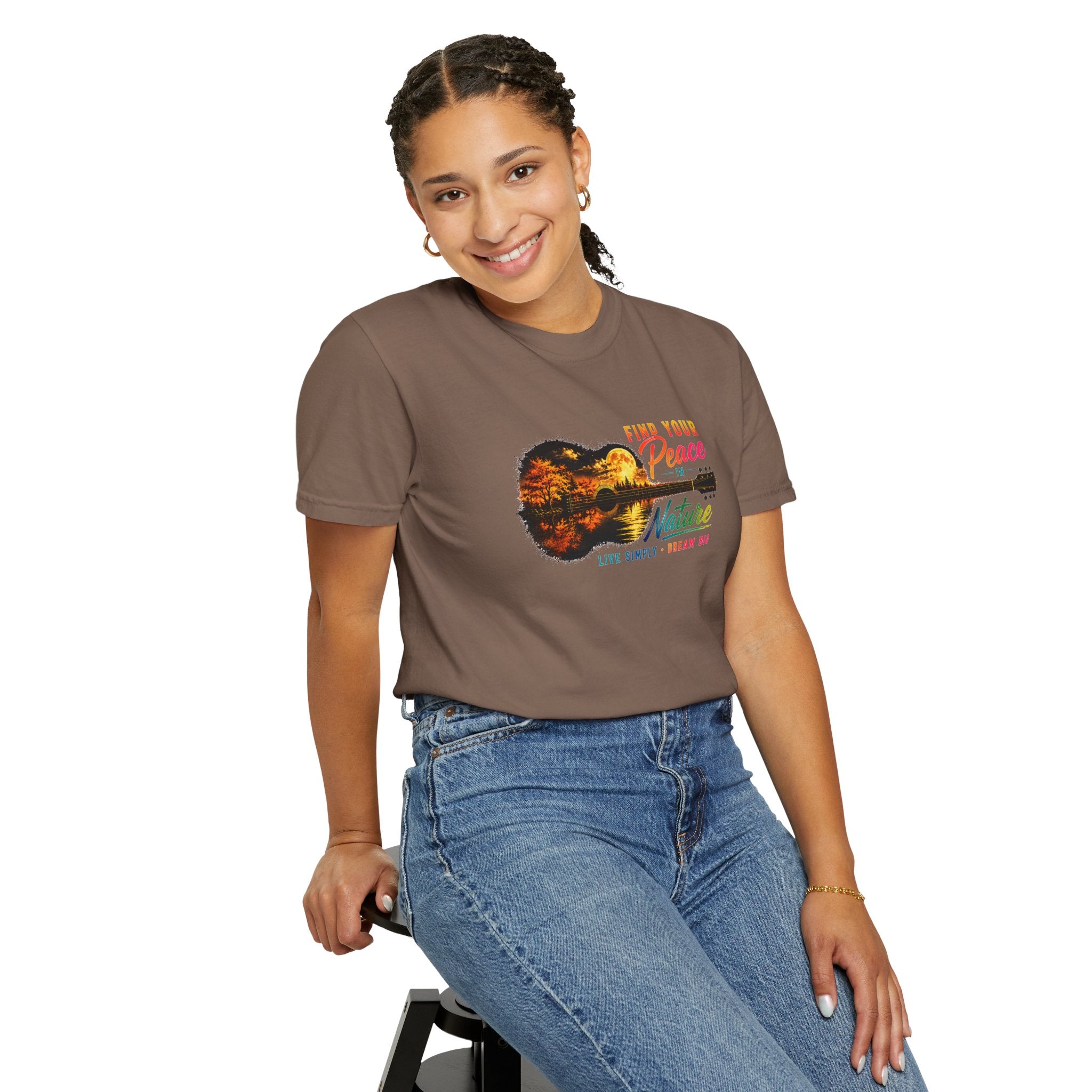 Acoustic Guitar Nature T-Shirt, Find Your Peace in Nature Tee, Music Lover Gift, Camping Shirt, Outdoor Graphic Tee, Hiking Shirt