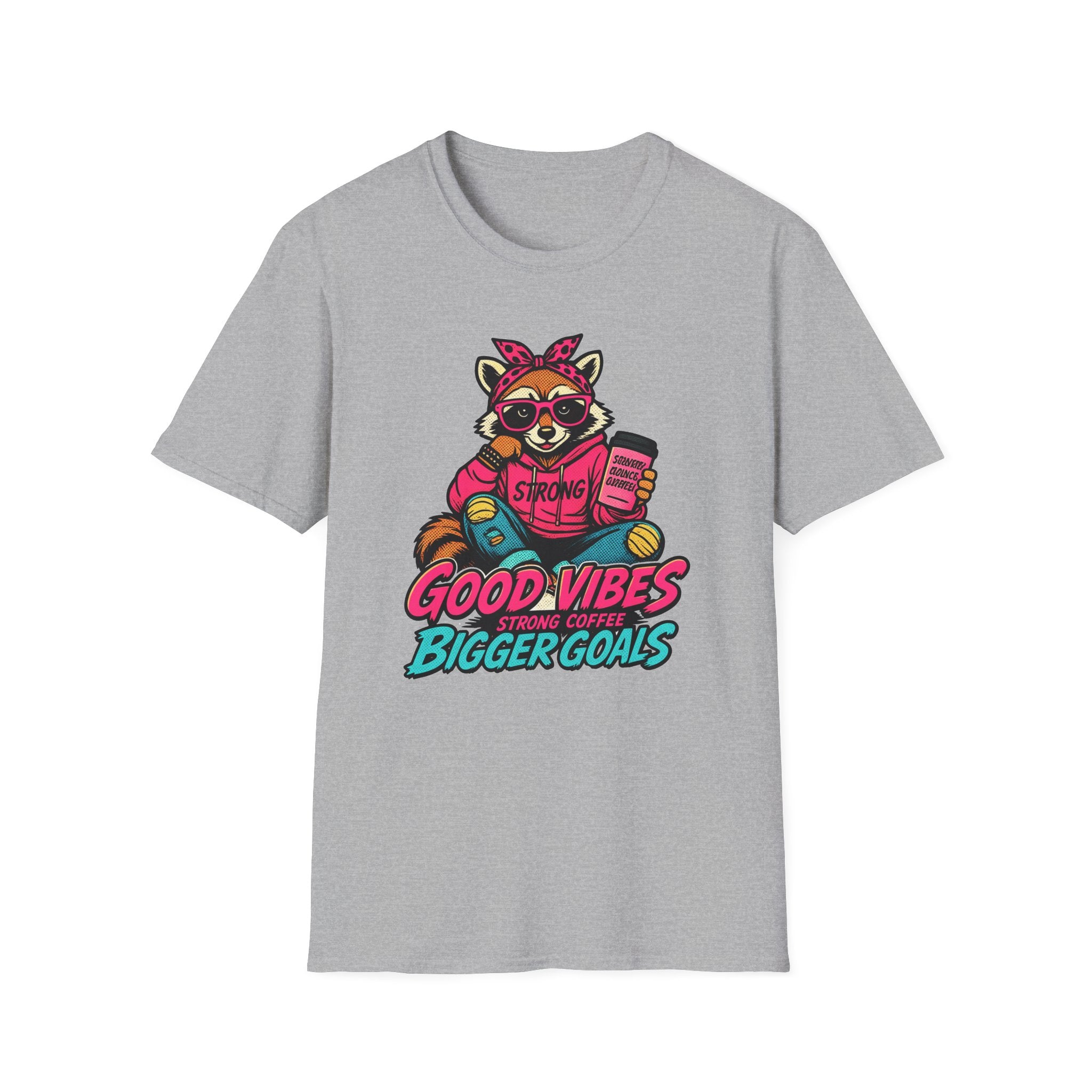 Good Vibes Bigger Goals T-Shirt — Raccoon Coffee Motivation Tee