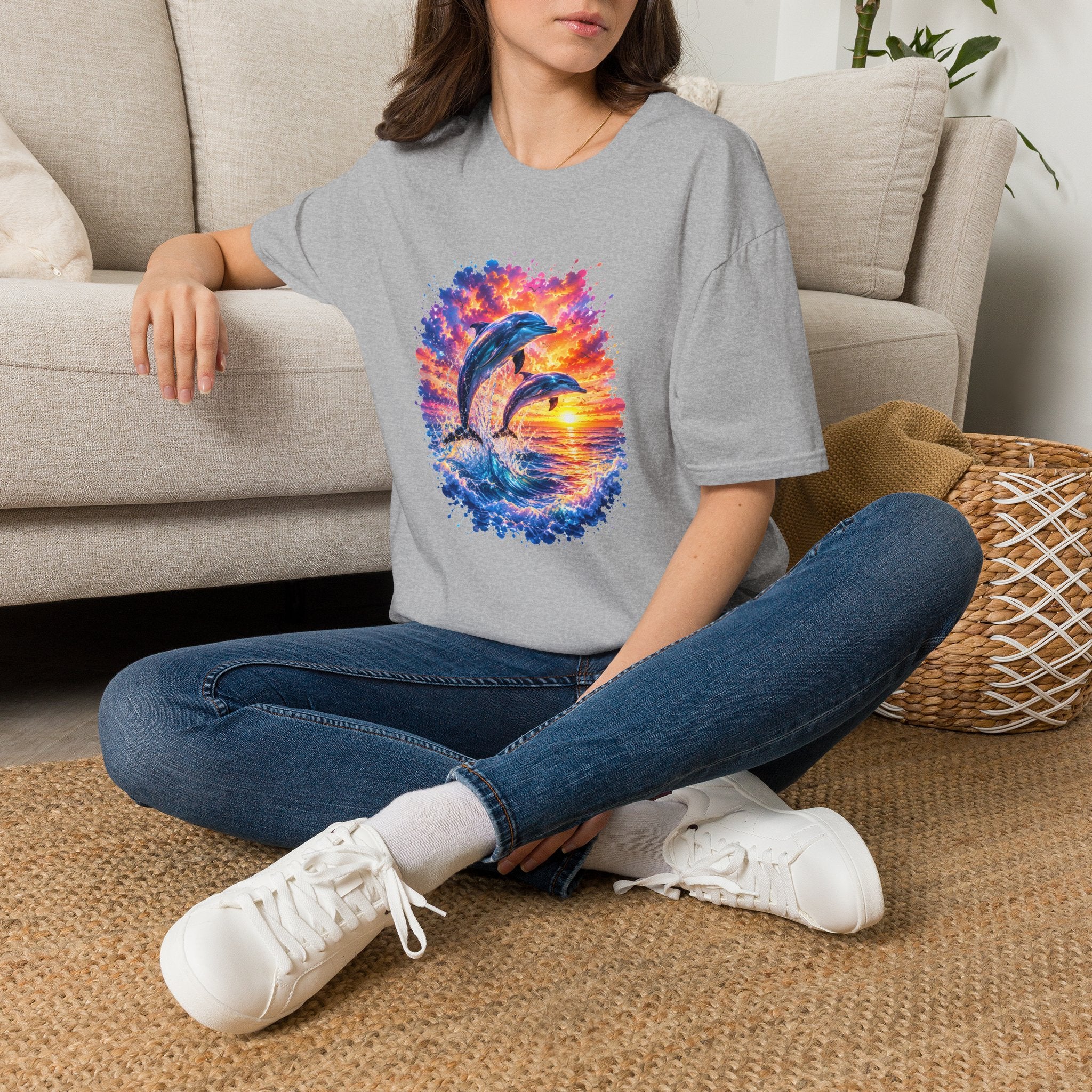 Dolphin Sunset TShirt  Vibrant Ocean Jump Graphic Tee