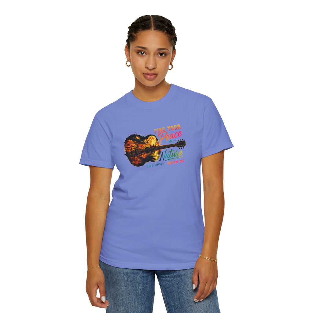 Acoustic Guitar Nature T-Shirt, Find Your Peace in Nature Tee, Music Lover Gift, Camping Shirt, Outdoor Graphic Tee, Hiking Shirt