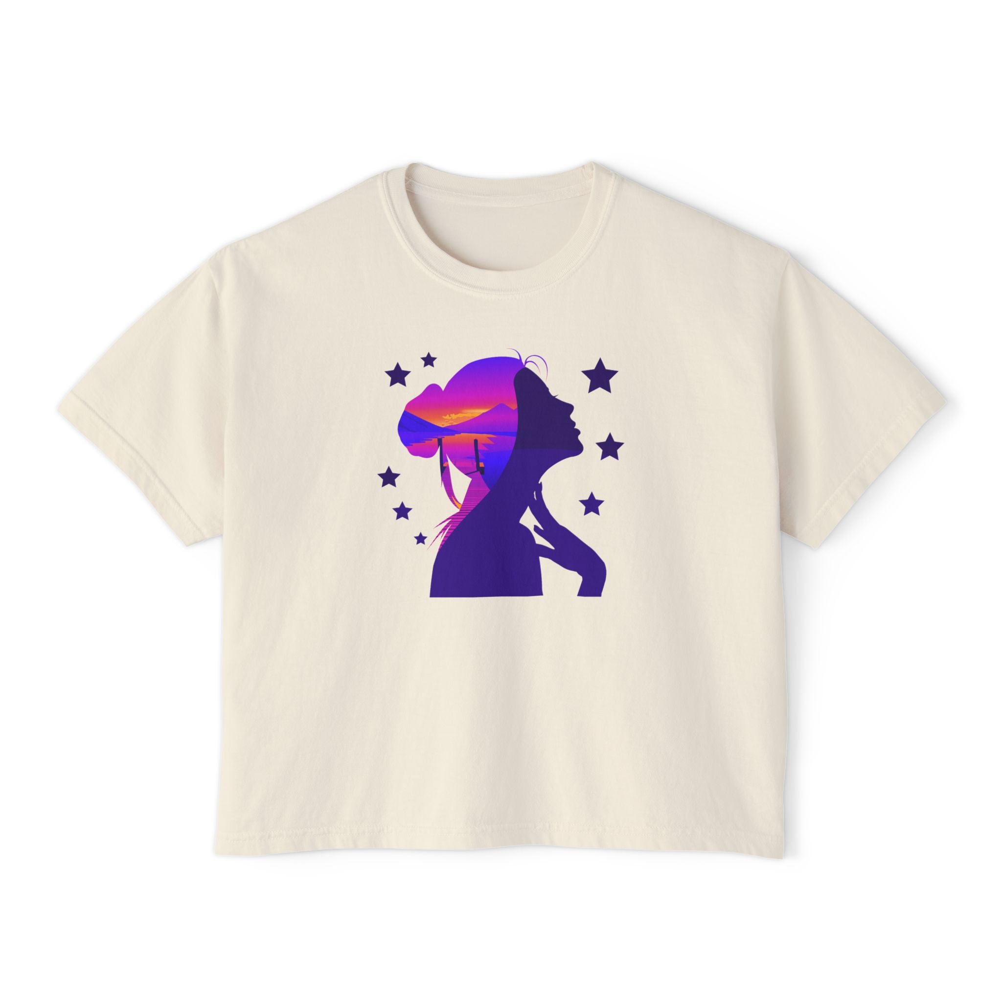 Women's Boxy Tee — Purple Sunset Silhouette Tee for Girls & Teens