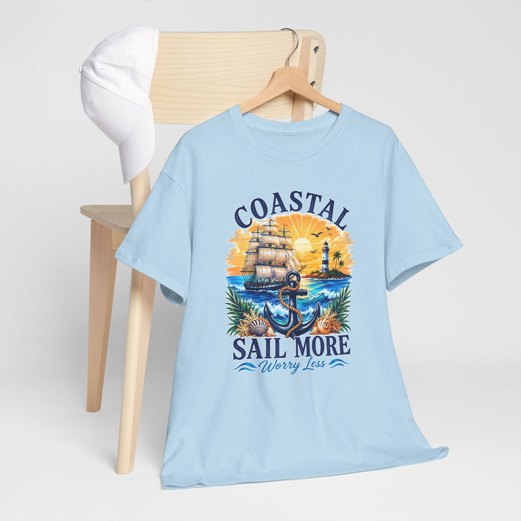 Coastal Sail More Worry Less T-Shirt | Nautical Beach Graphic Tee | Sailing Lover Shirt | Ocean Sunset Gift