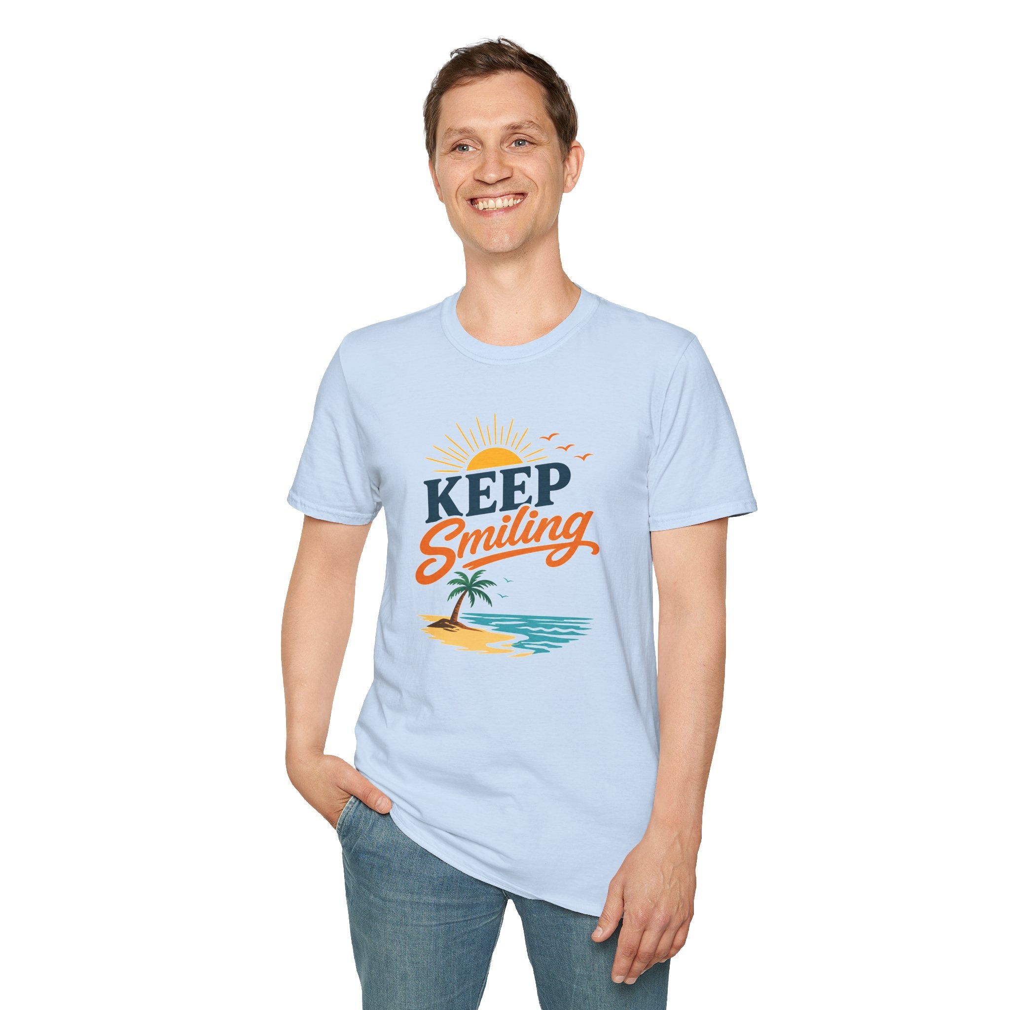 Keep Smiling Beach T-Shirt – Retro Sunset Palm Tee