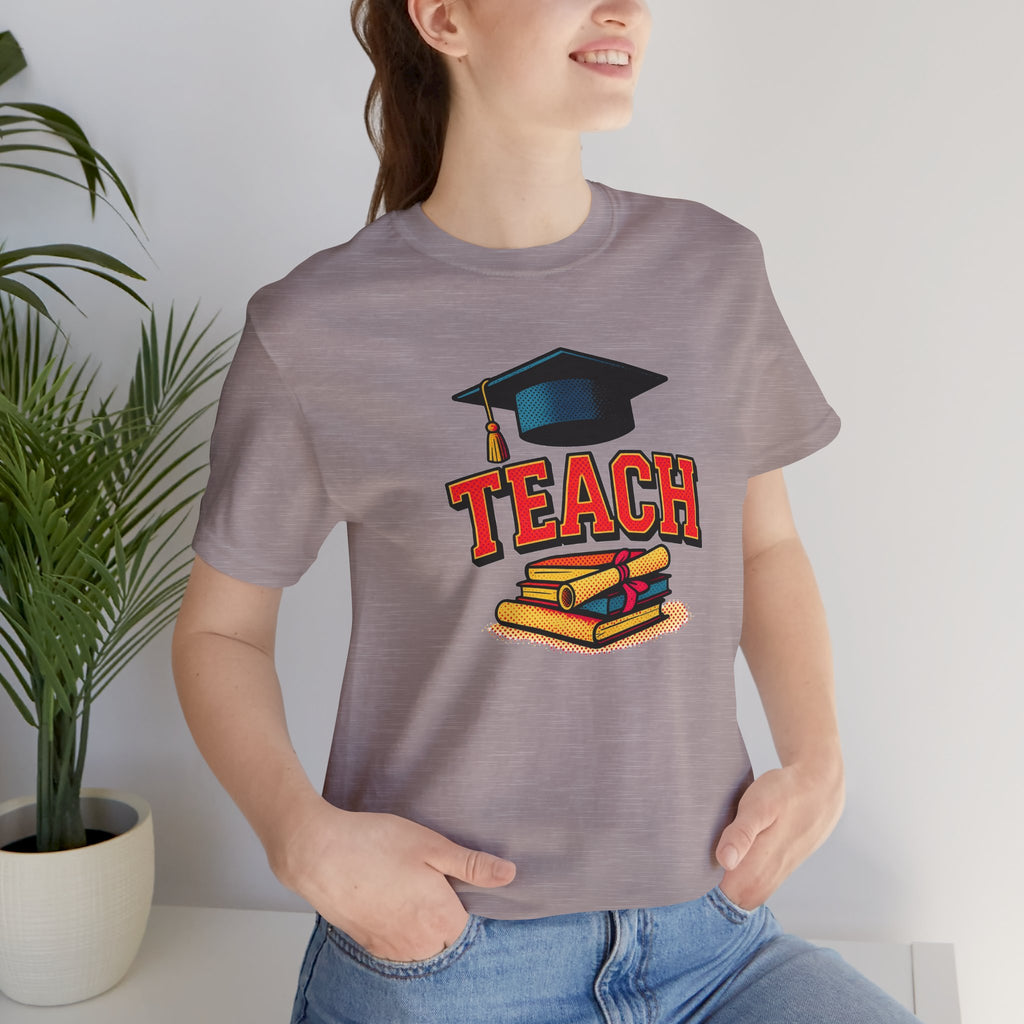 Teach Graduation T‑Shirt — Teacher Gift Tee with Cap & Books Design