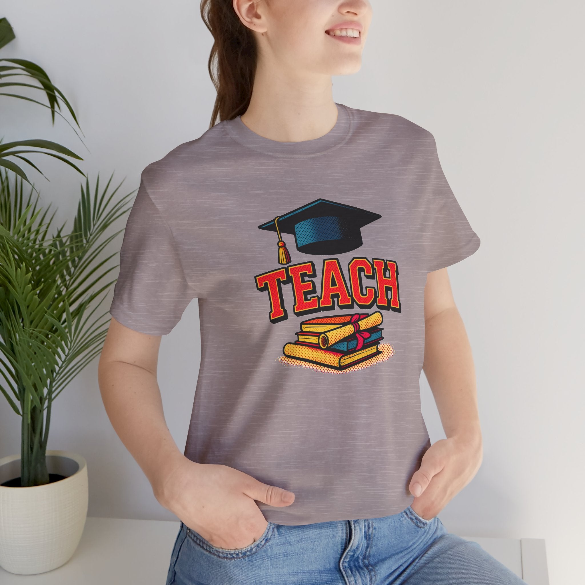 Teach Graduation T‑Shirt — Teacher Gift Tee with Cap & Books Design