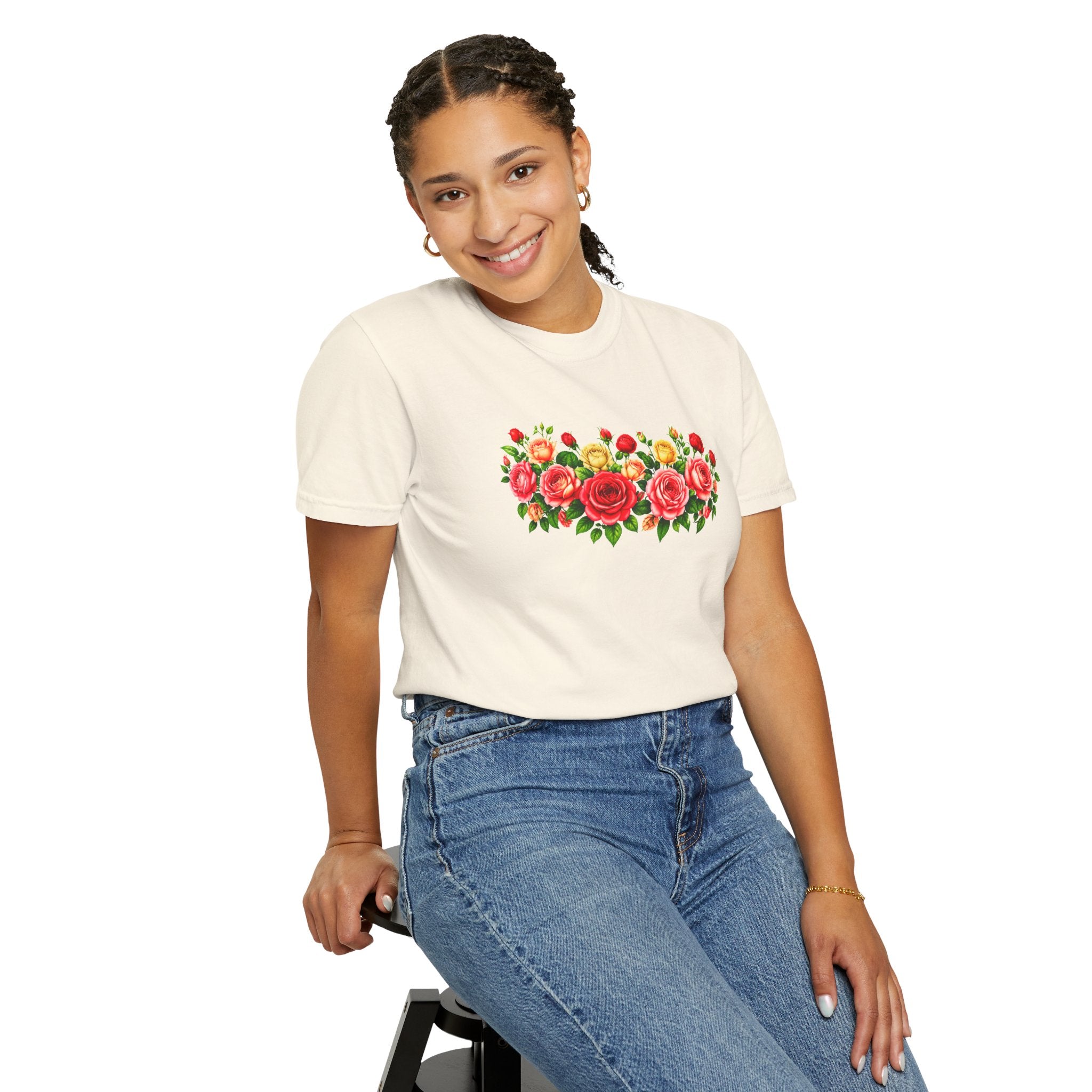 Colorful Floral T-Shirt for Women, Rose Flower Shirt, Botanical Graphic Tee, Cute Garden Shirt, Cottagecore Gift, Comfort Colors Tee