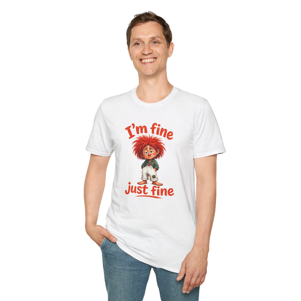 I'm Fine T‑Shirt — Cute Red‑Haired Character Tee ("I'm fine, just fine")