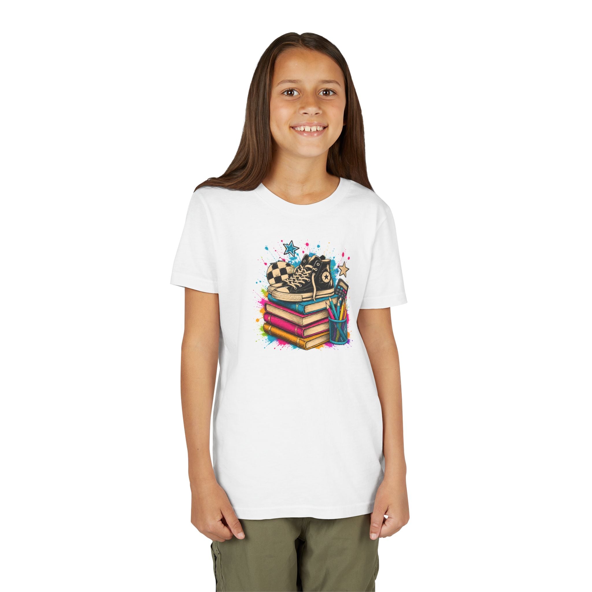 Kids Back-to-School Tee — Colorful Books, Sneakers & Pencils Graphic