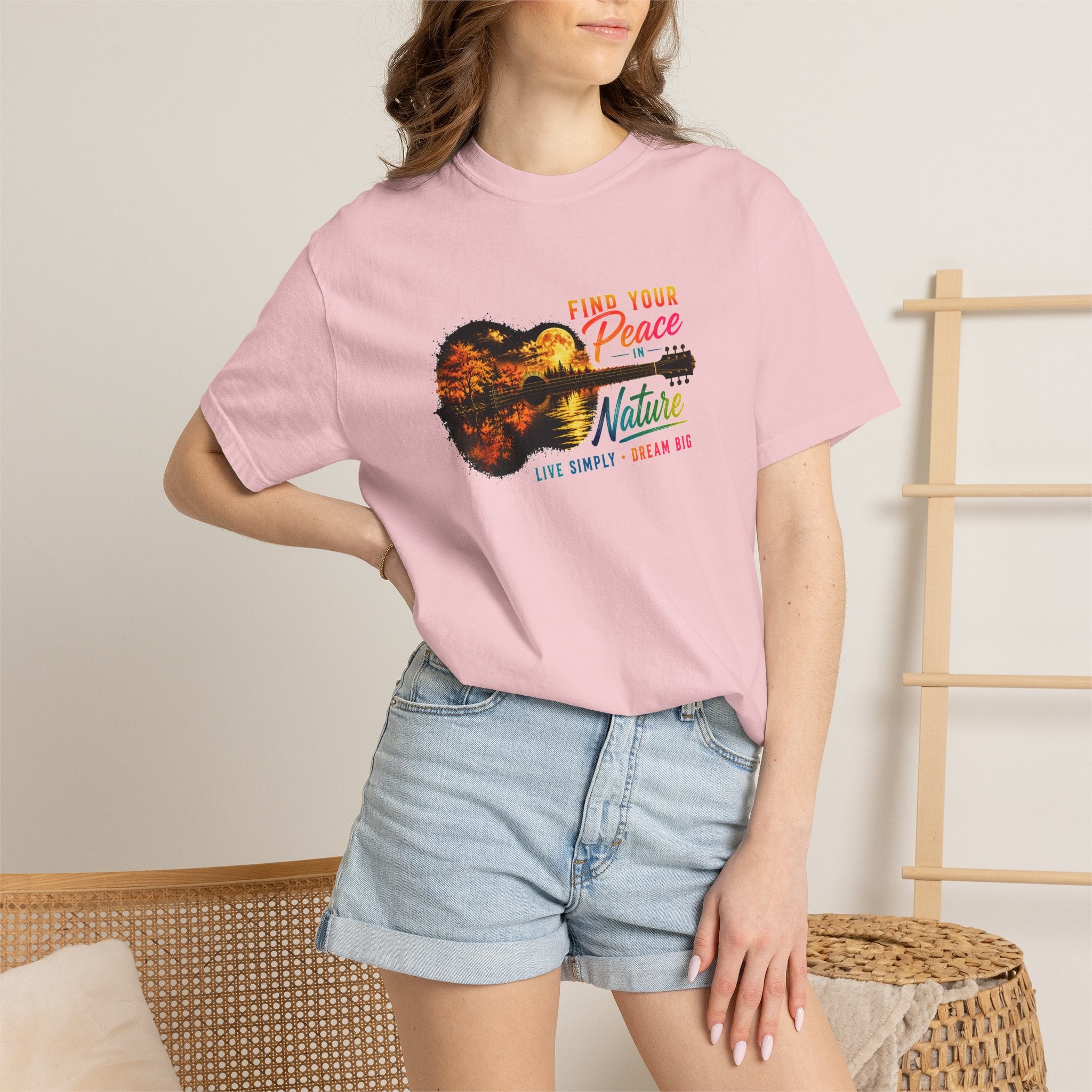 Acoustic Guitar Nature T-Shirt, Find Your Peace in Nature Tee, Music Lover Gift, Camping Shirt, Outdoor Graphic Tee, Hiking Shirt